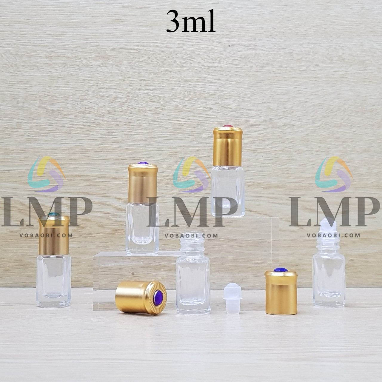 Chai lăn trong nắp vàng đính ruby 3ml
