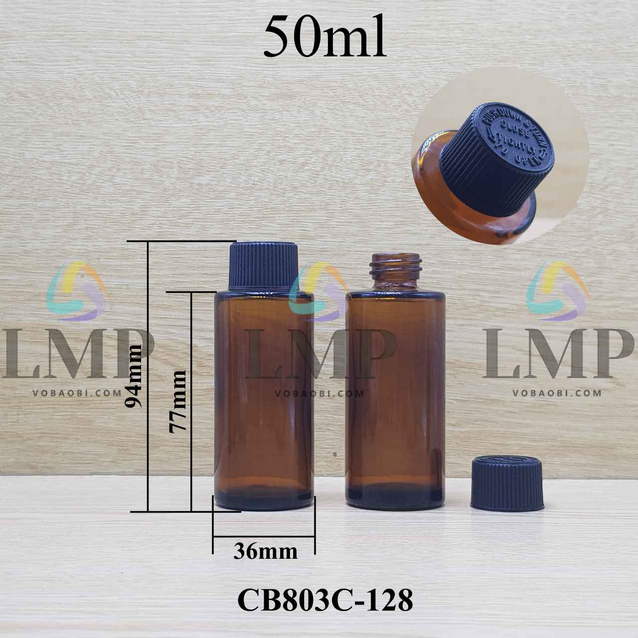 Chai thủy tinh nâu nắp push down and turn sọc