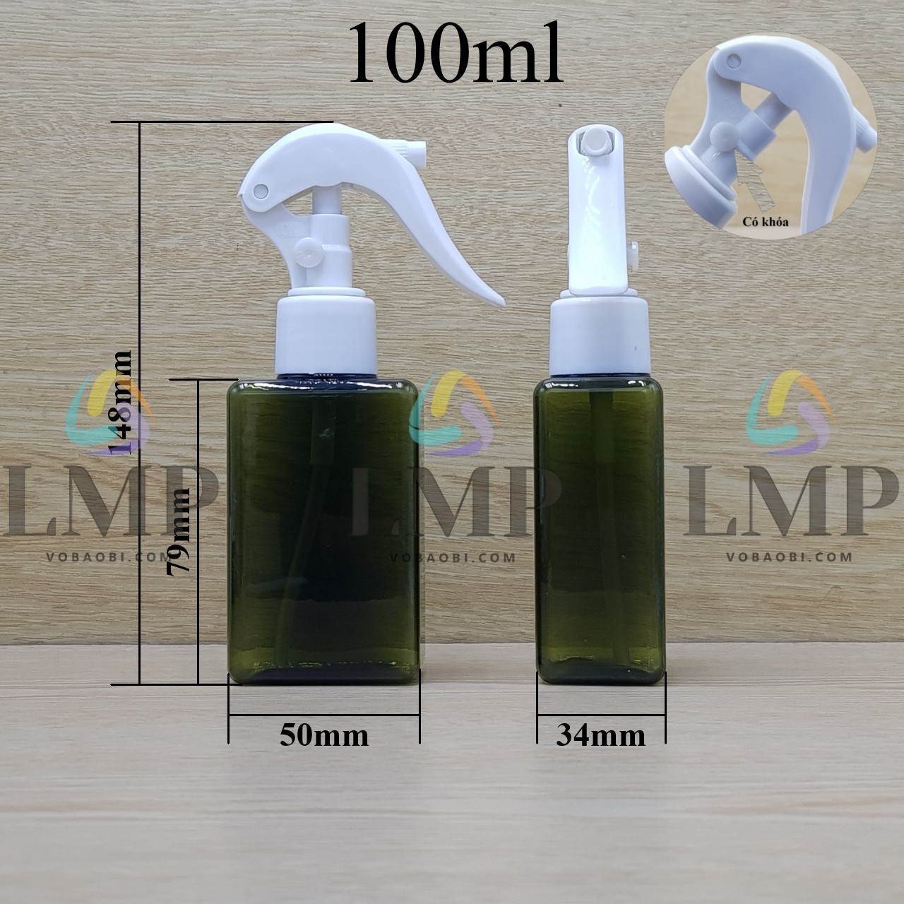 Chai lotion vuông đầu xịt kiếng có khóa