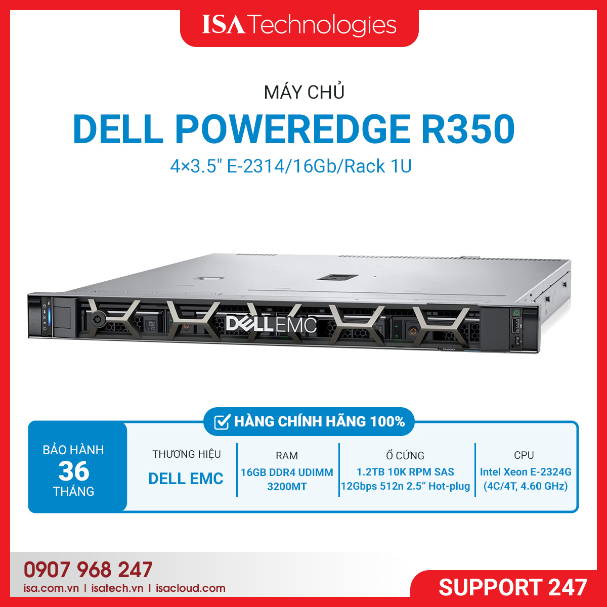 Power Ridge R350 Máy chủ Dell PowerEdge R350 4×3.5″ E-2314/16Gb/Rack 1U