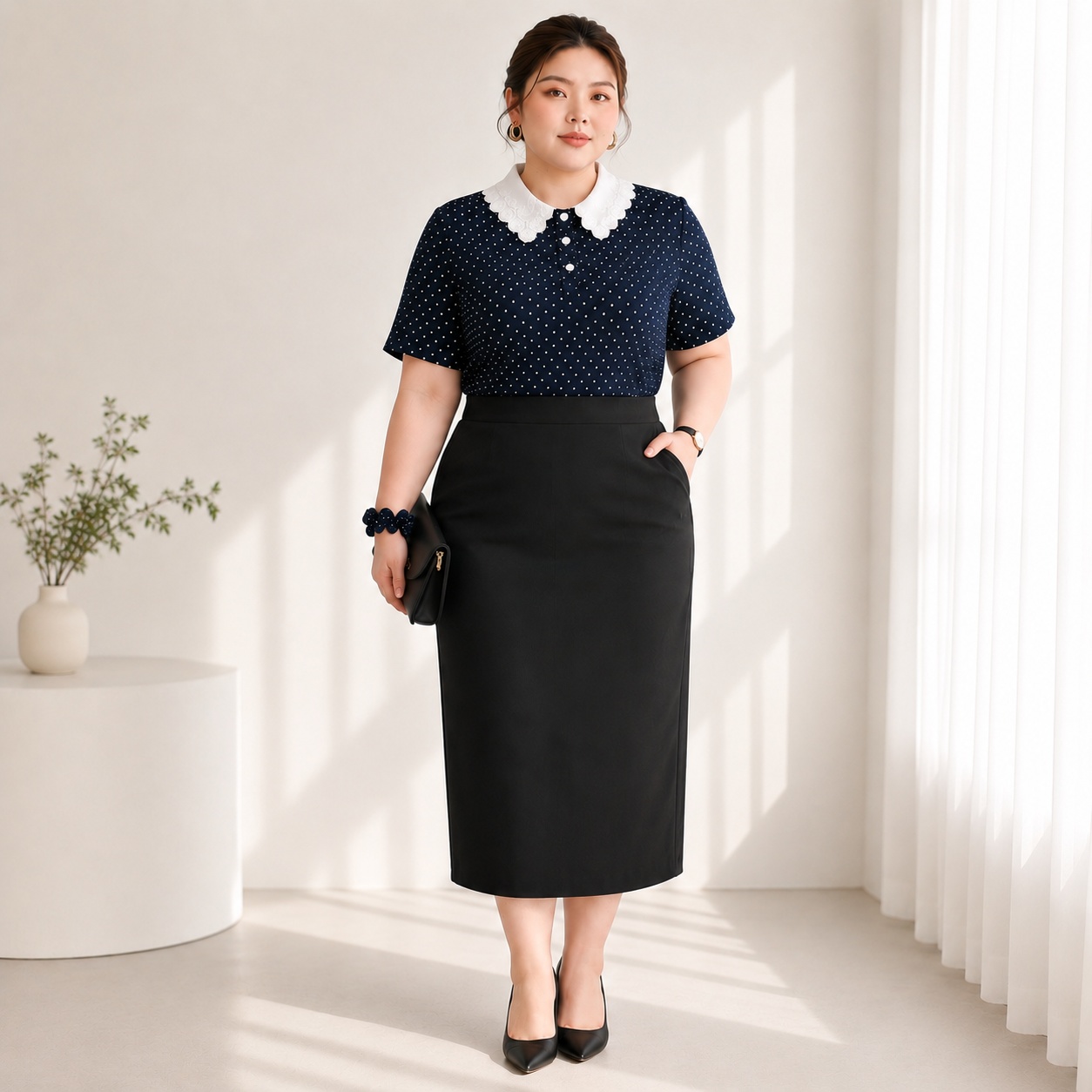 [TẶNG CỘT TÓC] Áo thun chấm bi cổ ren bigsize 70kg - 100kg thanh lịch