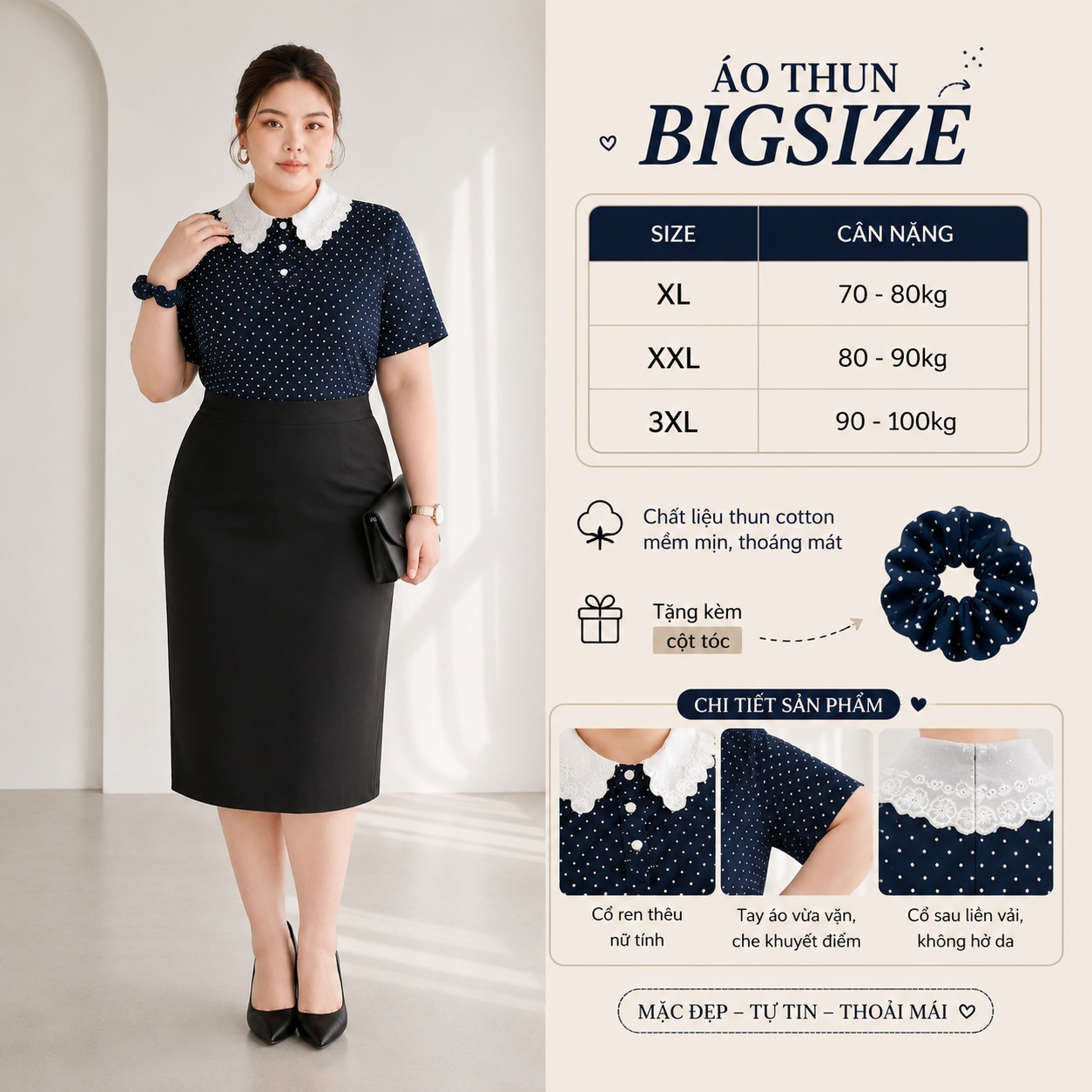 [TẶNG CỘT TÓC] Áo thun chấm bi cổ ren bigsize 70kg - 100kg thanh lịch