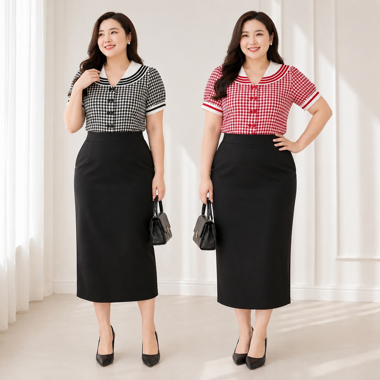 Áo sơ mi caro cổ thủy thủ nữ bigsize 60kg - 95kg phong cách Hàn Quốc thời trang