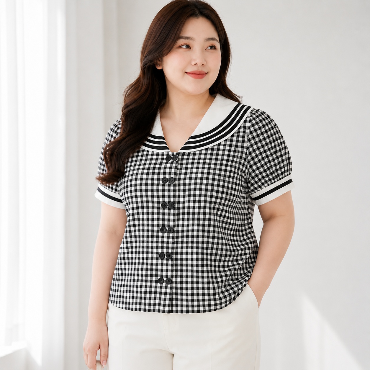 Áo sơ mi caro cổ thủy thủ nữ bigsize 60kg - 95kg phong cách Hàn Quốc thời trang
