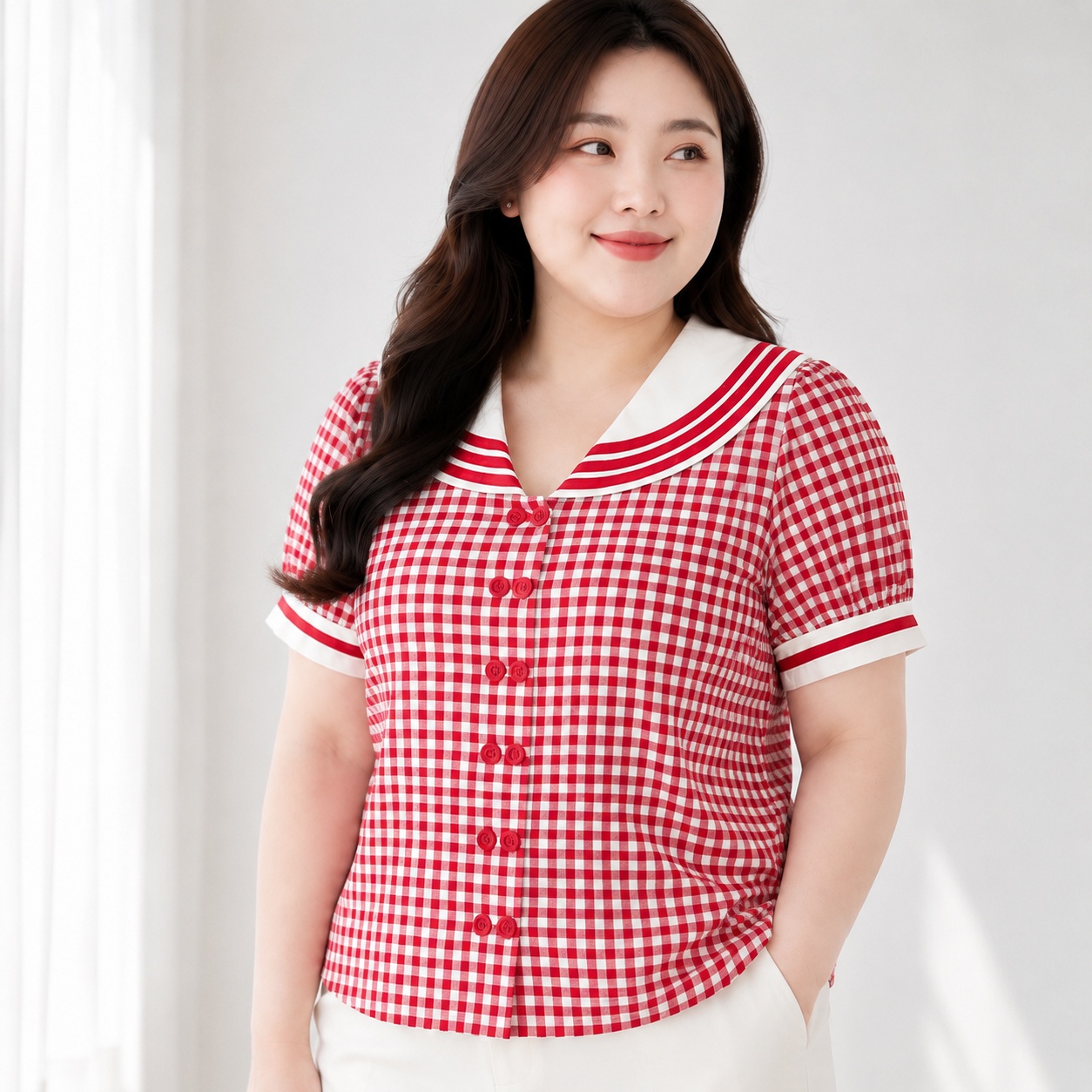 Áo sơ mi caro cổ thủy thủ nữ bigsize 60kg - 95kg phong cách Hàn Quốc thời trang