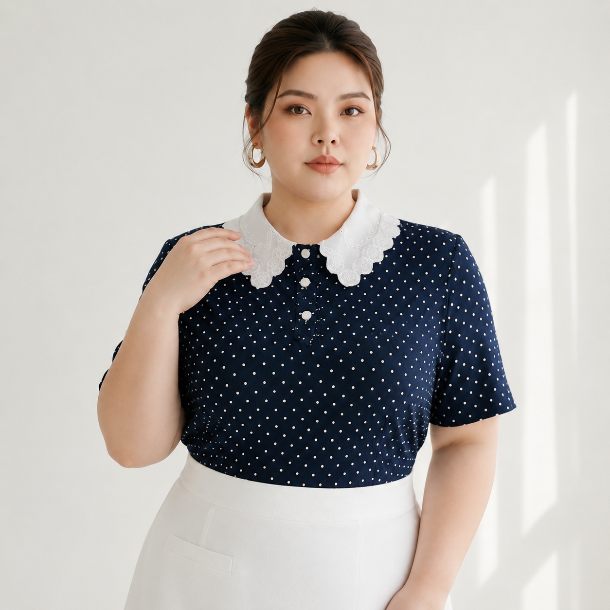 [TẶNG CỘT TÓC] Áo thun chấm bi cổ ren bigsize 70kg - 100kg thanh lịch