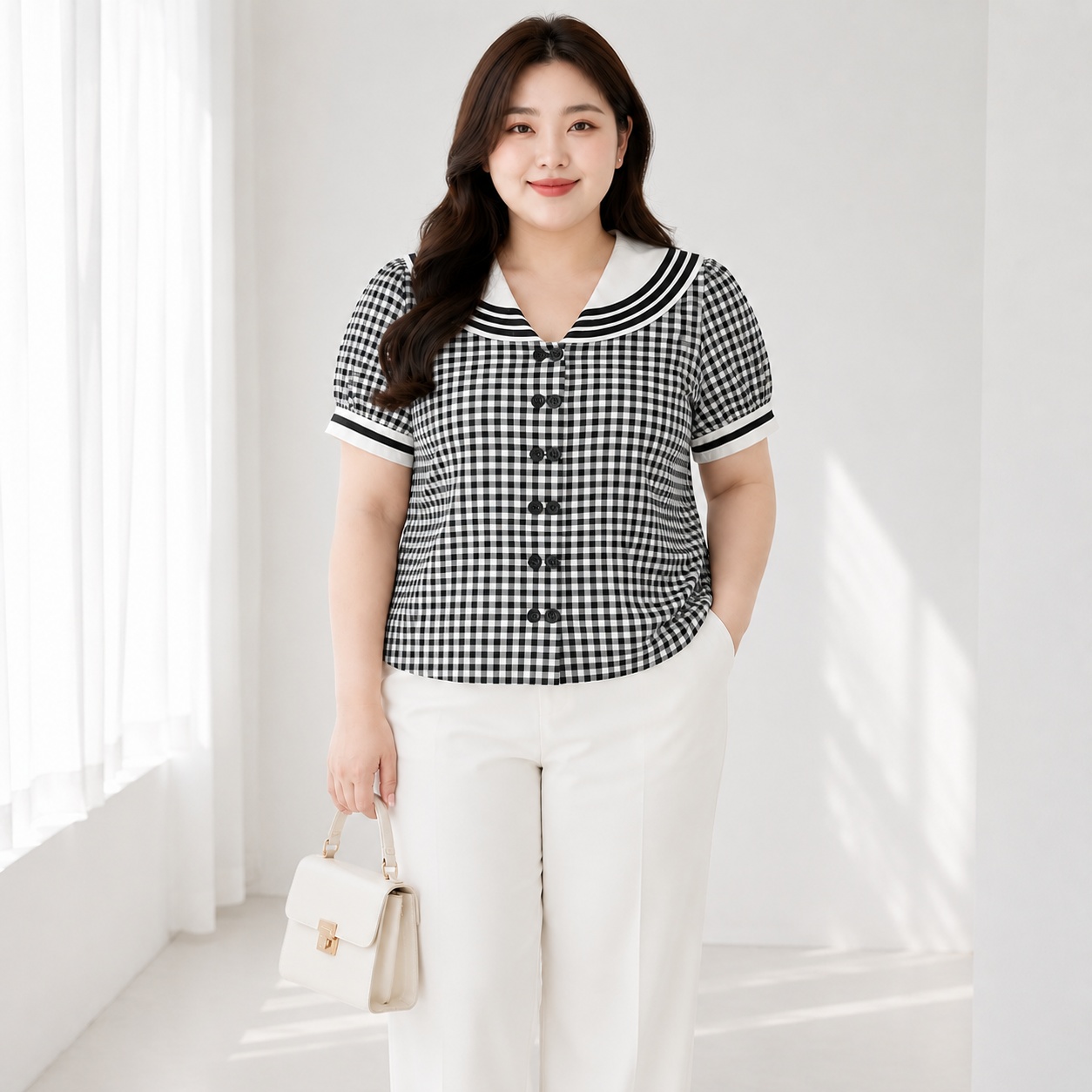 Áo sơ mi caro cổ thủy thủ nữ bigsize 60kg - 95kg phong cách Hàn Quốc thời trang