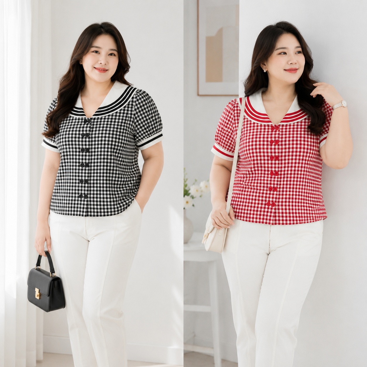 Áo sơ mi caro cổ thủy thủ nữ bigsize 60kg - 95kg phong cách Hàn Quốc thời trang