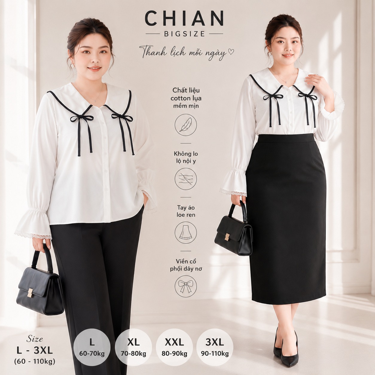 Áo sơ mi nữ bigsize 60kg - 100kg trắng viền đen cổ nơ tay dài phong cách nhẹ nhàng, nữ tính