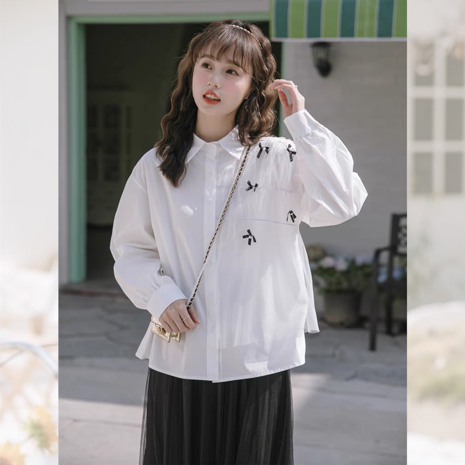 Áo sơ mi bigsize 60kg - 95kg phối lưới đính nơ mặc đi làm đi học