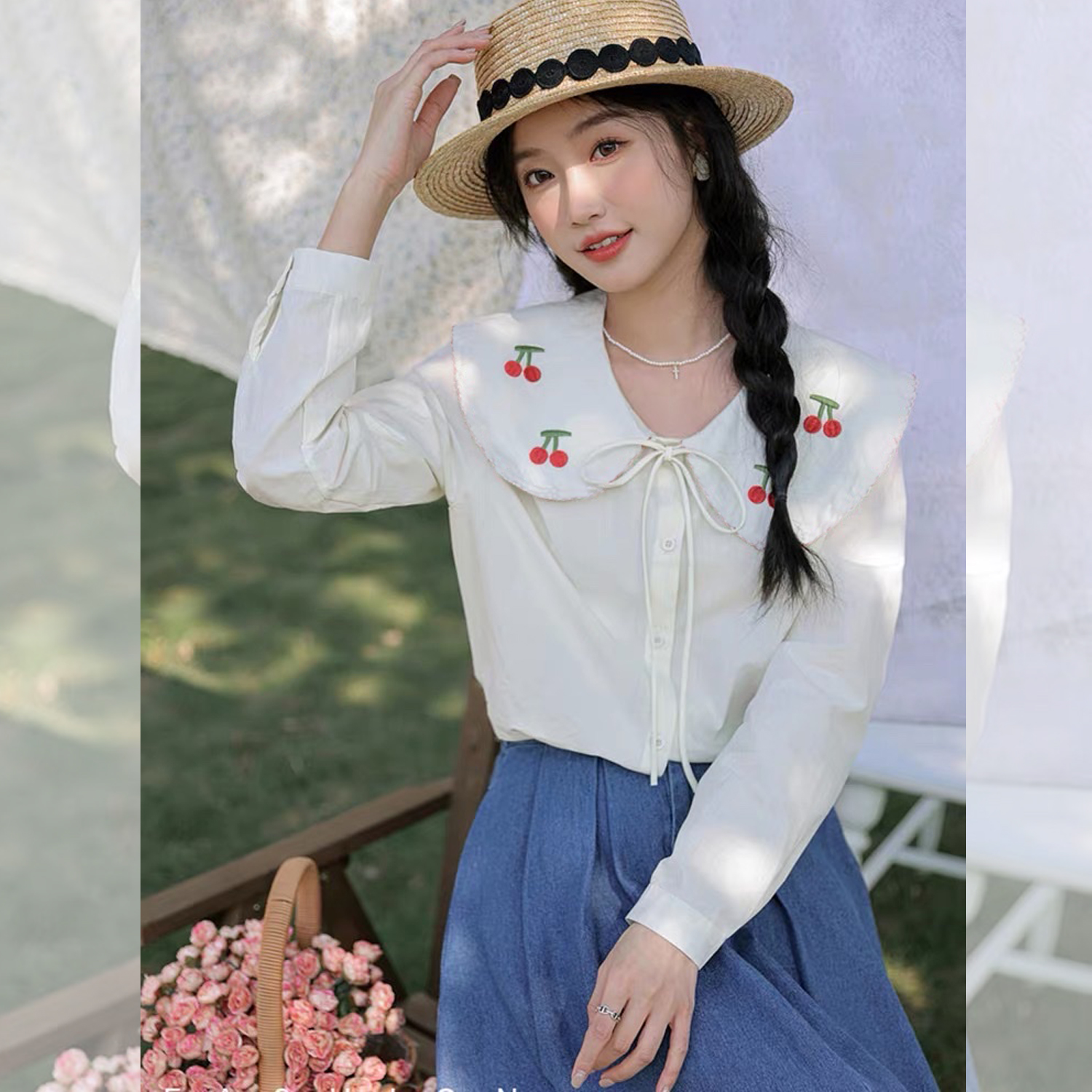 Áo sơ mi bigsize thêu cherry đỏ cổ sen tay dài 60kg - 95kg