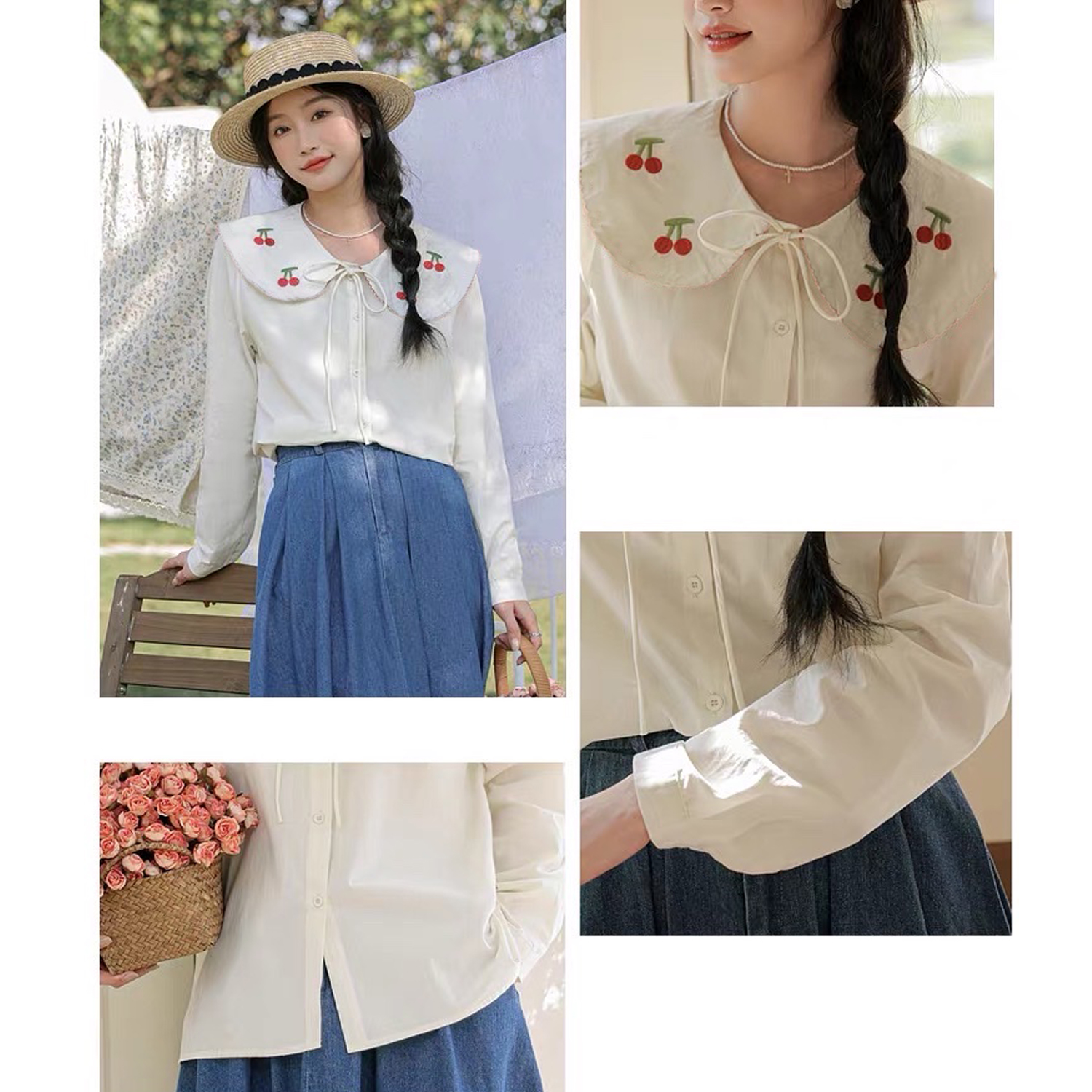 Áo sơ mi bigsize thêu cherry đỏ cổ sen tay dài 60kg - 95kg