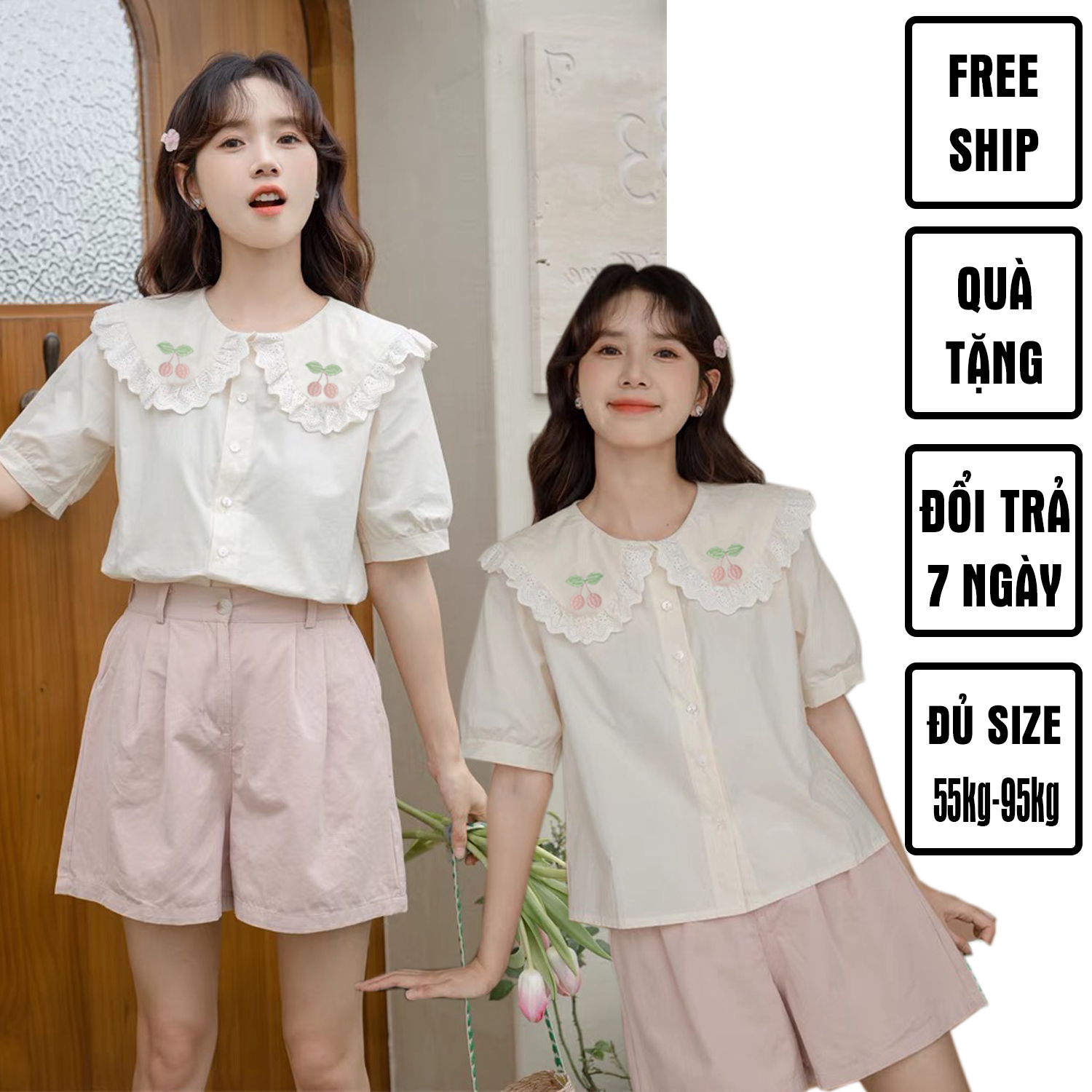 Áo sơ mi bigsize 60kg - 95kg thêu cherry hồng cổ sen phối ren tiểu thư