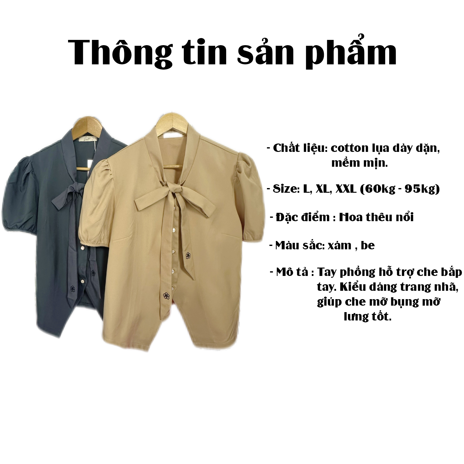 Áo kiểu bigsize 60kg-95kg nơ cổ thêu hoa chất cotton lụa