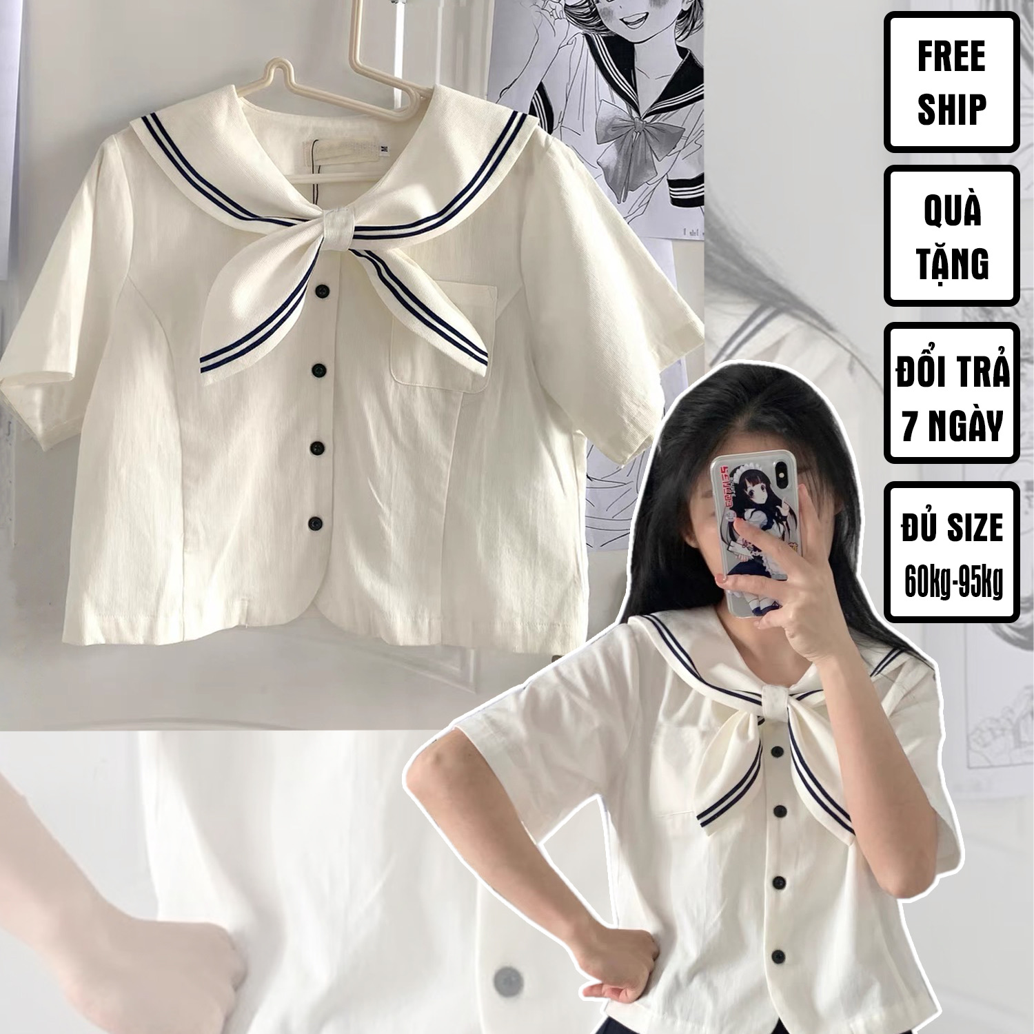 Áo sơ mi bigsize 60kg-95kg kiểu cổ nơ thuỷ thủ xinh xắn phù hợp mặc đi làm đi học đi chơi