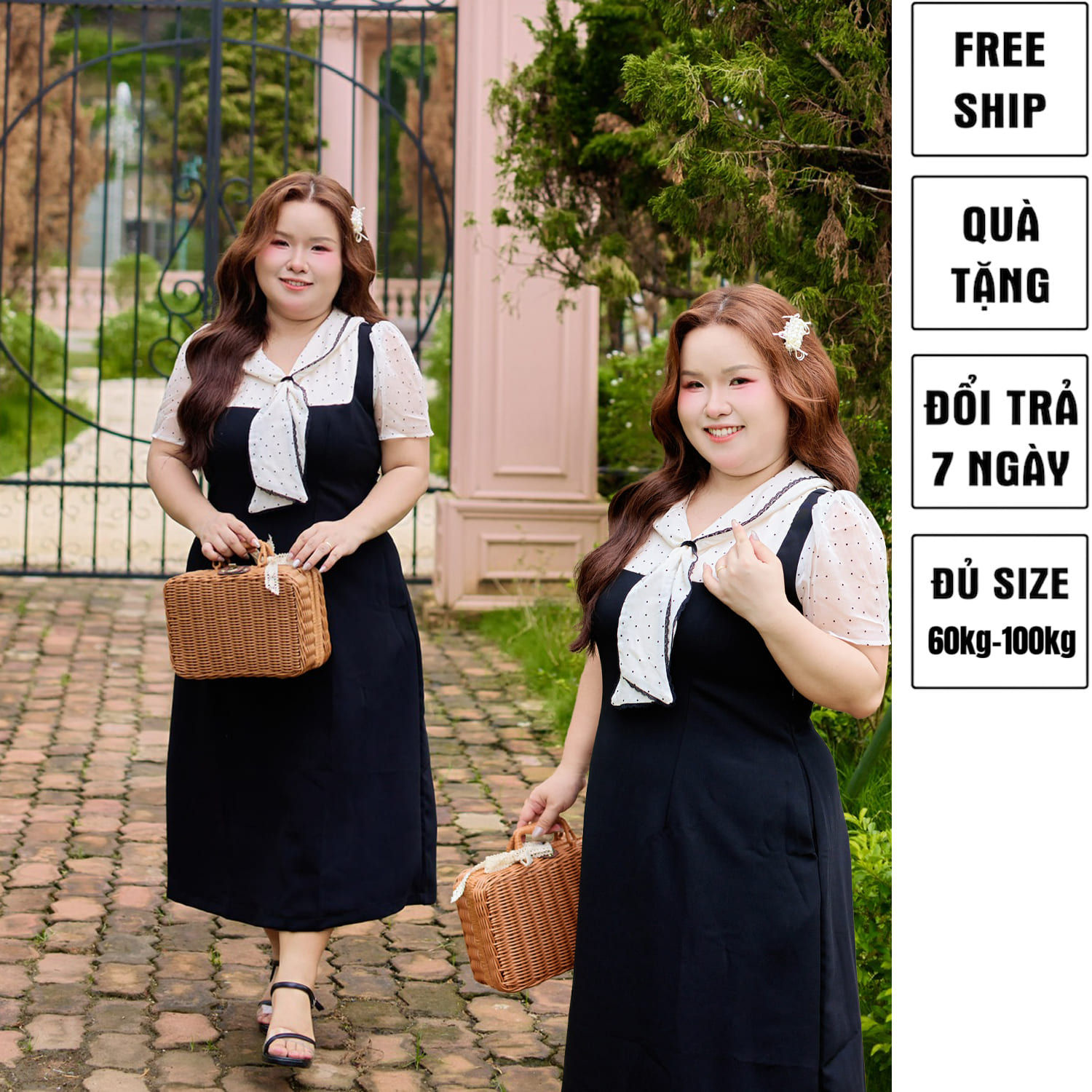 CA030032-Đầm công sở bigsize 60kg-100kg phối voan chấm bi phù hợp mặc đi làm, đi tiệc