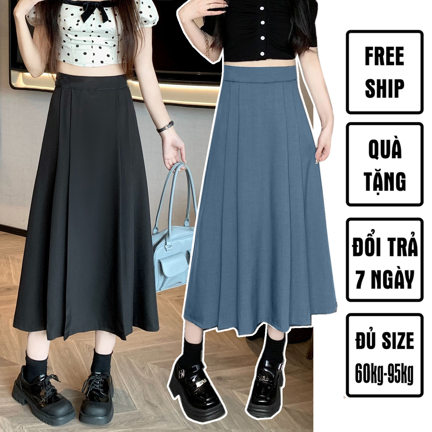 Chân váy xếp ly dáng dài bigsize 60kg - 95kg có lưng thun co giãn thoải mái