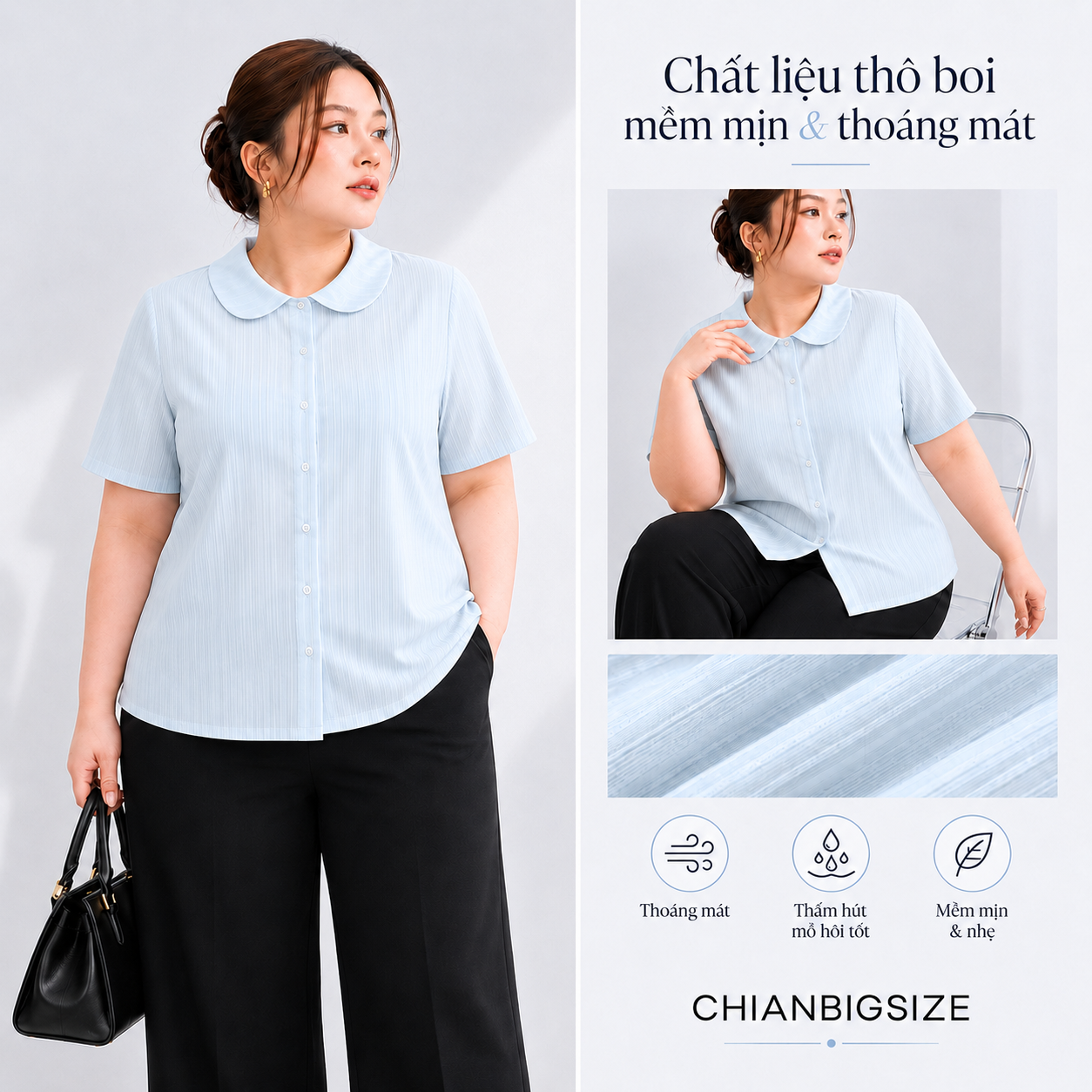 Áo sơ mi bigsize cổ sen chất thô boi thêu nổi họa tiết sọc dọc thiết kế của CHIANBIGSIZE kiểu dáng thanh lịch che khuyết điểm