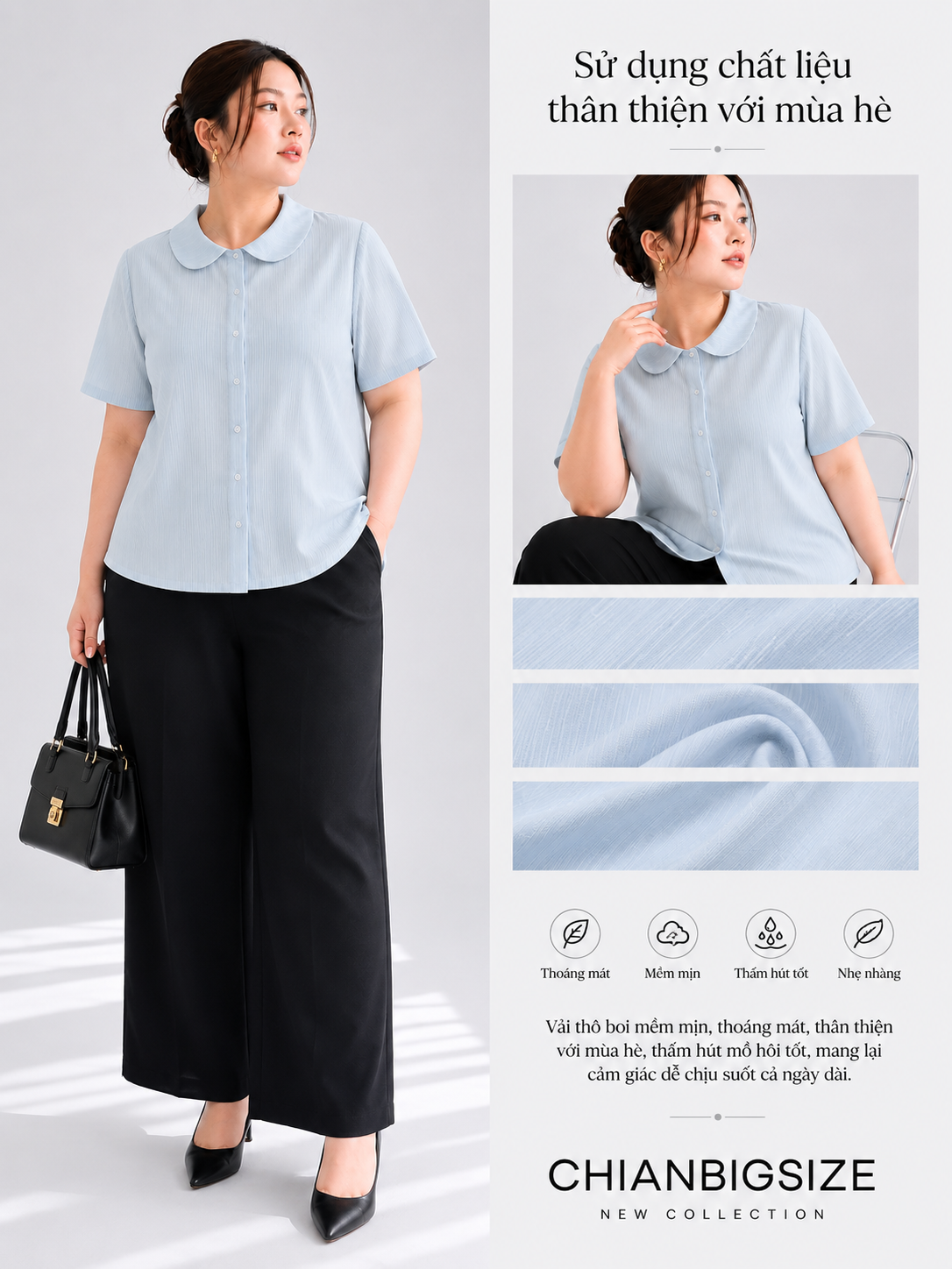 Áo sơ mi bigsize cổ sen chất thô boi thêu nổi họa tiết sọc dọc thiết kế của CHIANBIGSIZE kiểu dáng thanh lịch che khuyết điểm