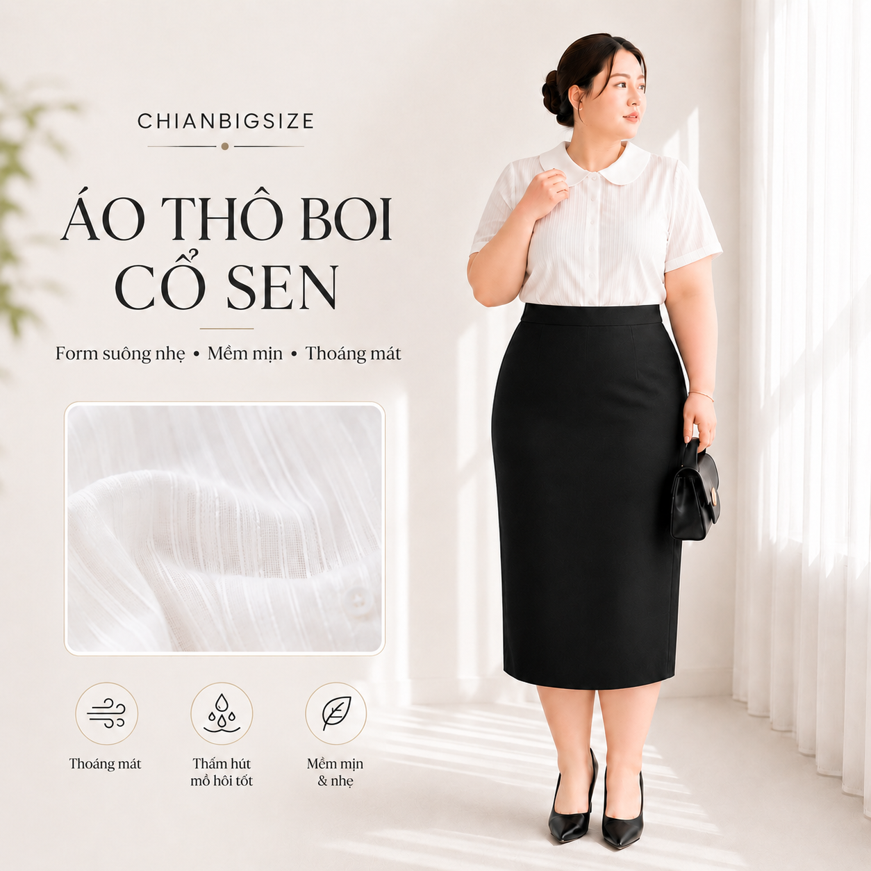 Áo sơ mi bigsize cổ sen chất thô boi thêu nổi họa tiết sọc dọc thiết kế của CHIANBIGSIZE kiểu dáng thanh lịch che khuyết điểm