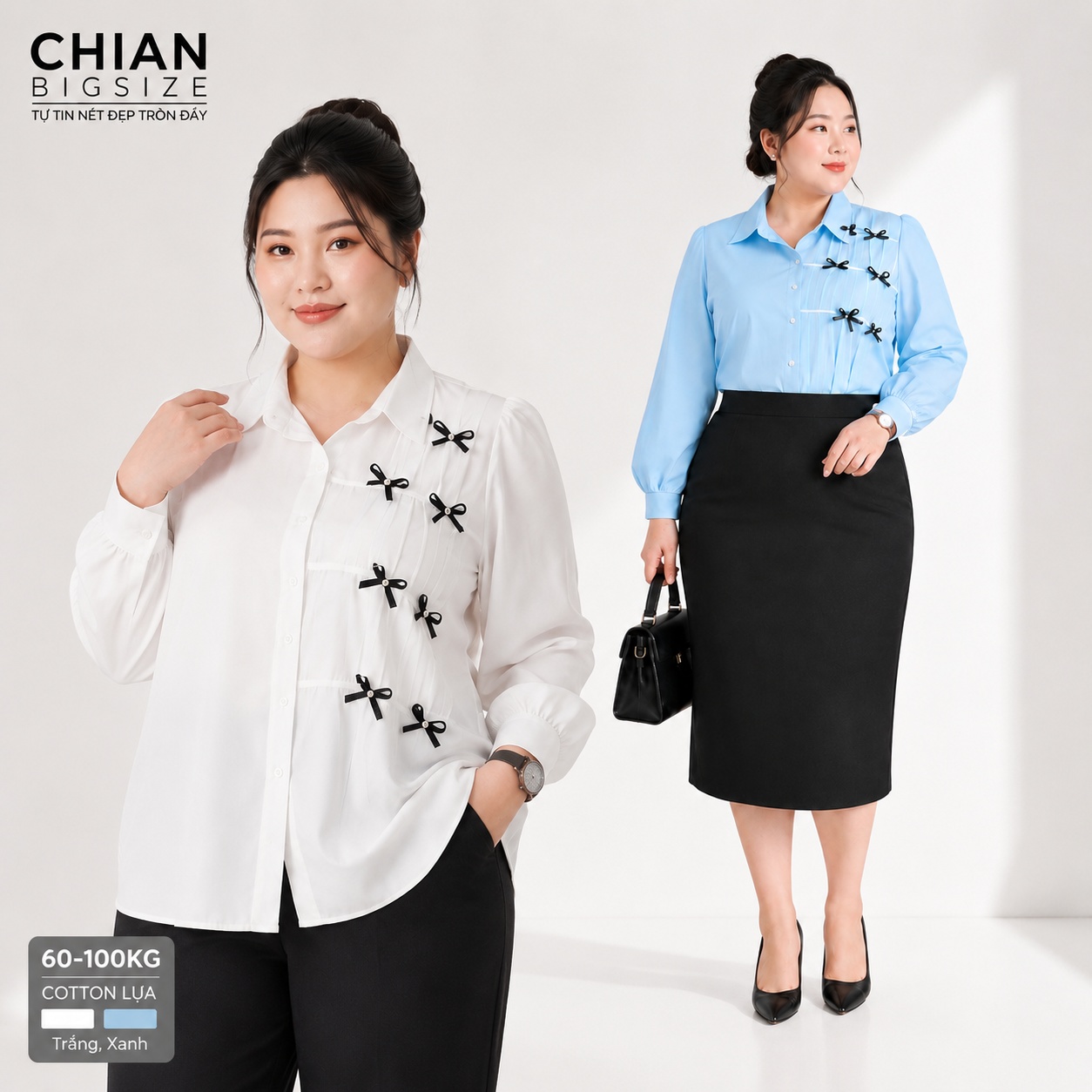 Áo sơ mi bigsize 60kg - 95kg phối lưới đính nơ mặc đi làm đi học