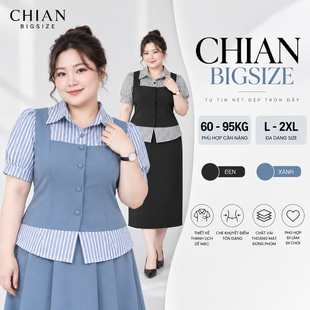 Áo sơ mi nữ Bigsize 60kg - 90kg Dáng Giả Gile Phối Sọc