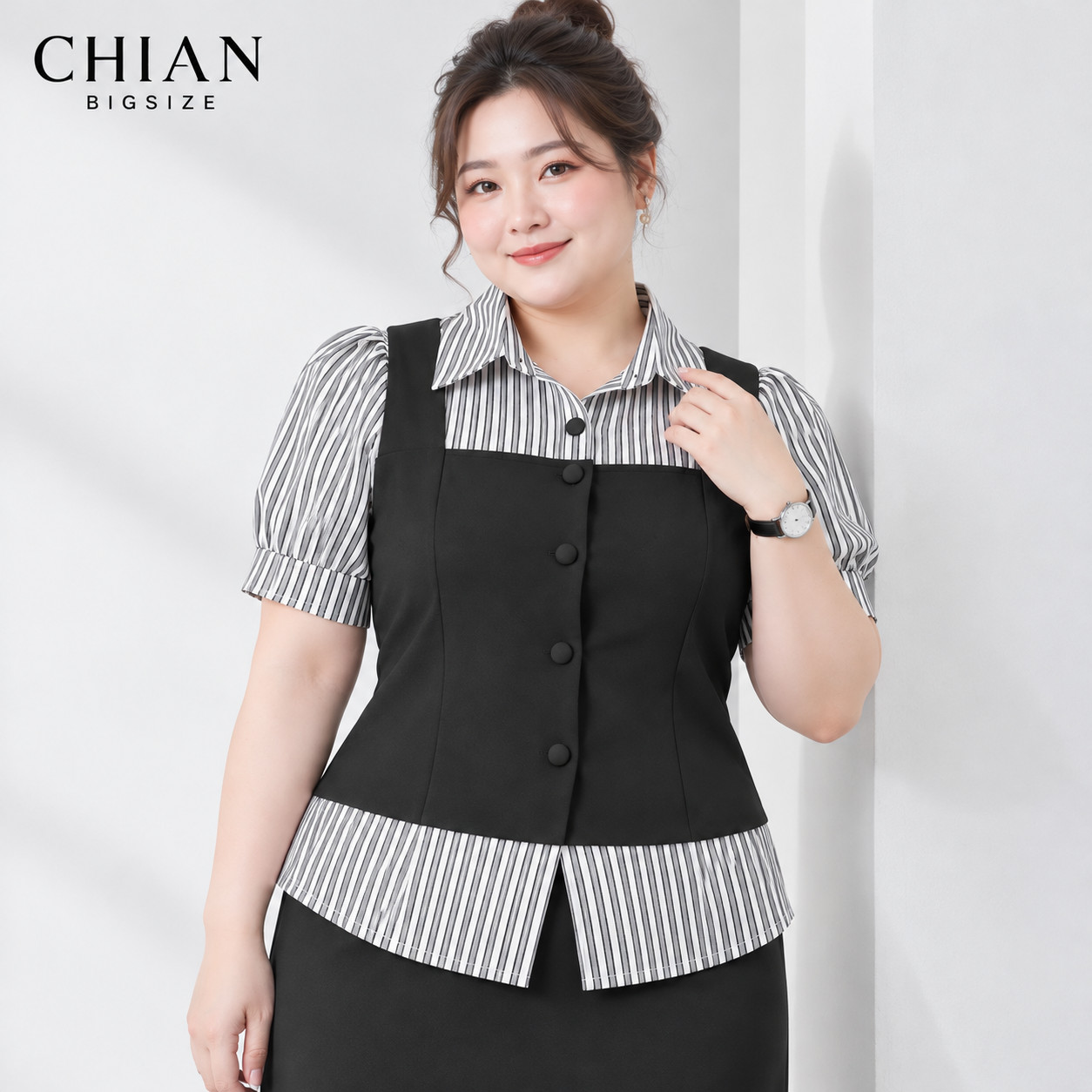 Áo sơ mi nữ Bigsize 60kg - 90kg Dáng Giả Gile Phối Sọc