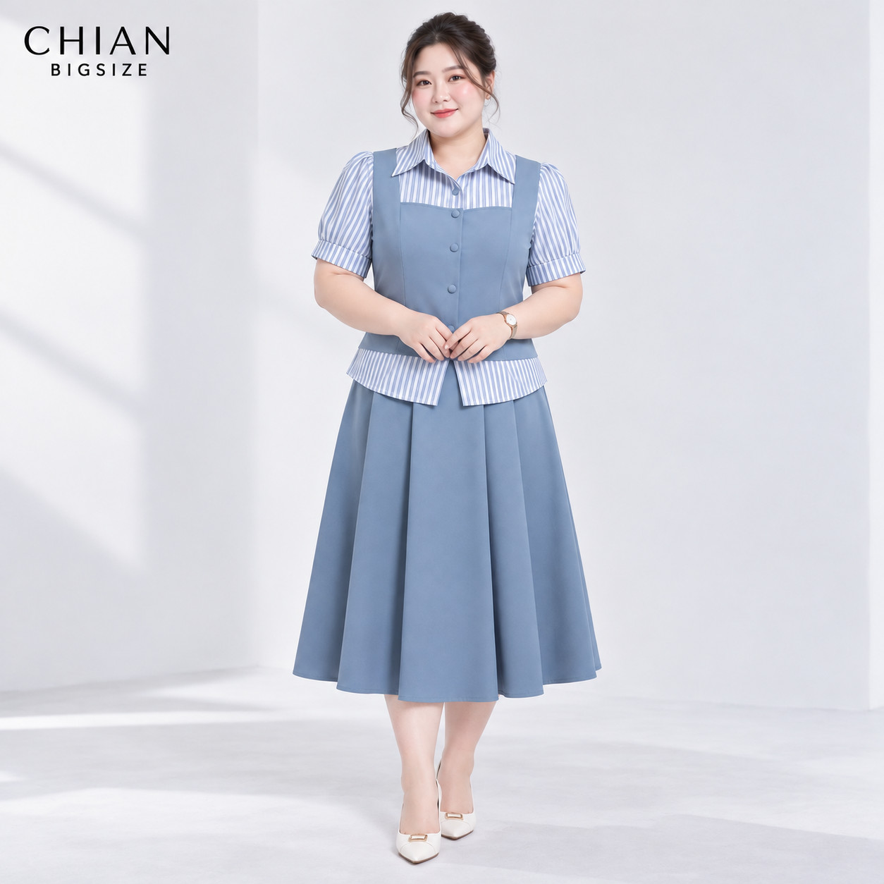 Áo sơ mi nữ Bigsize 60kg - 90kg Dáng Giả Gile Phối Sọc