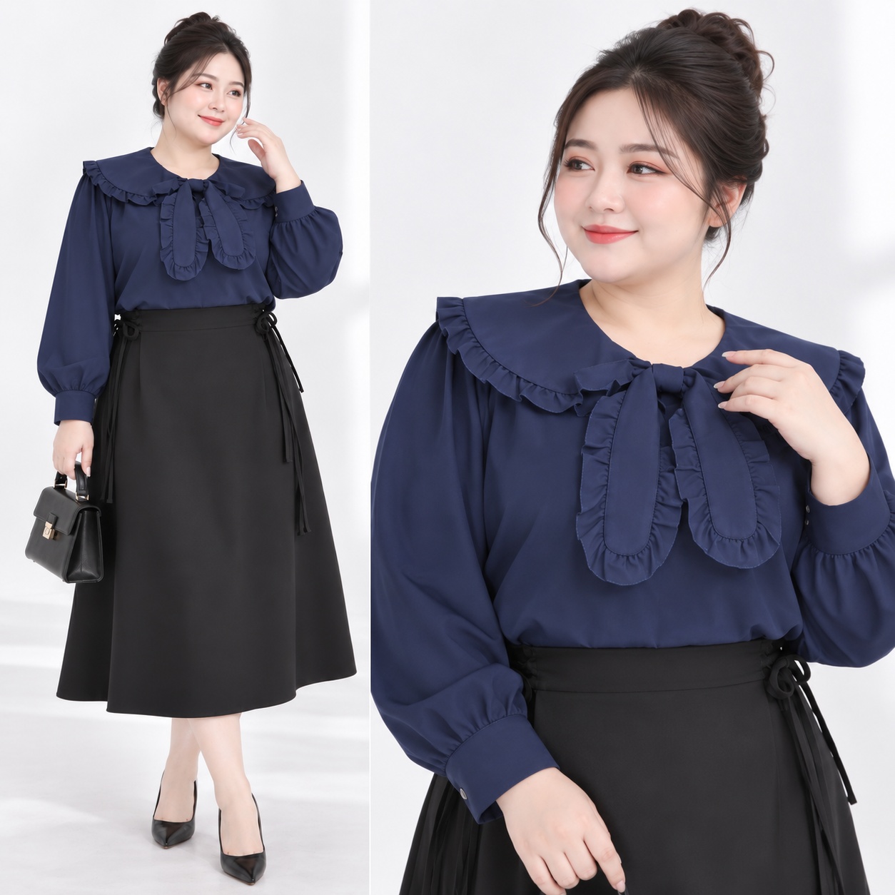 Áo Sơ Mi Bigsize Nữ 60kg - 100kg Cổ Nơ Bèo Phù Hợp Mặc Đi Làm , Đi Học, Đi Chơi