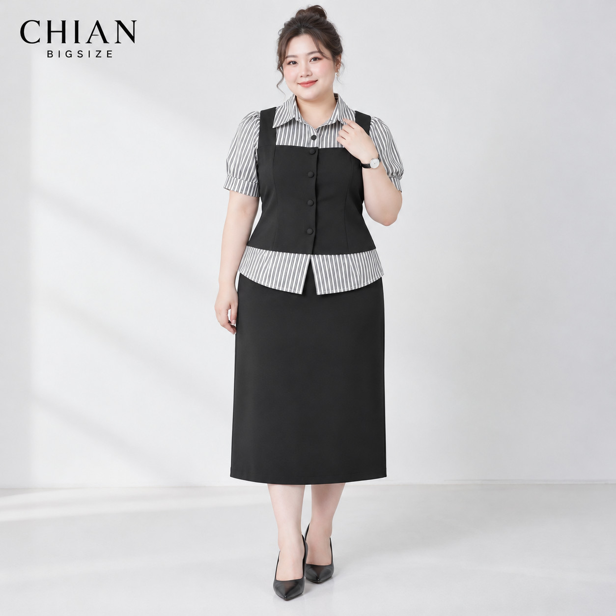 Áo sơ mi nữ Bigsize 60kg - 90kg Dáng Giả Gile Phối Sọc