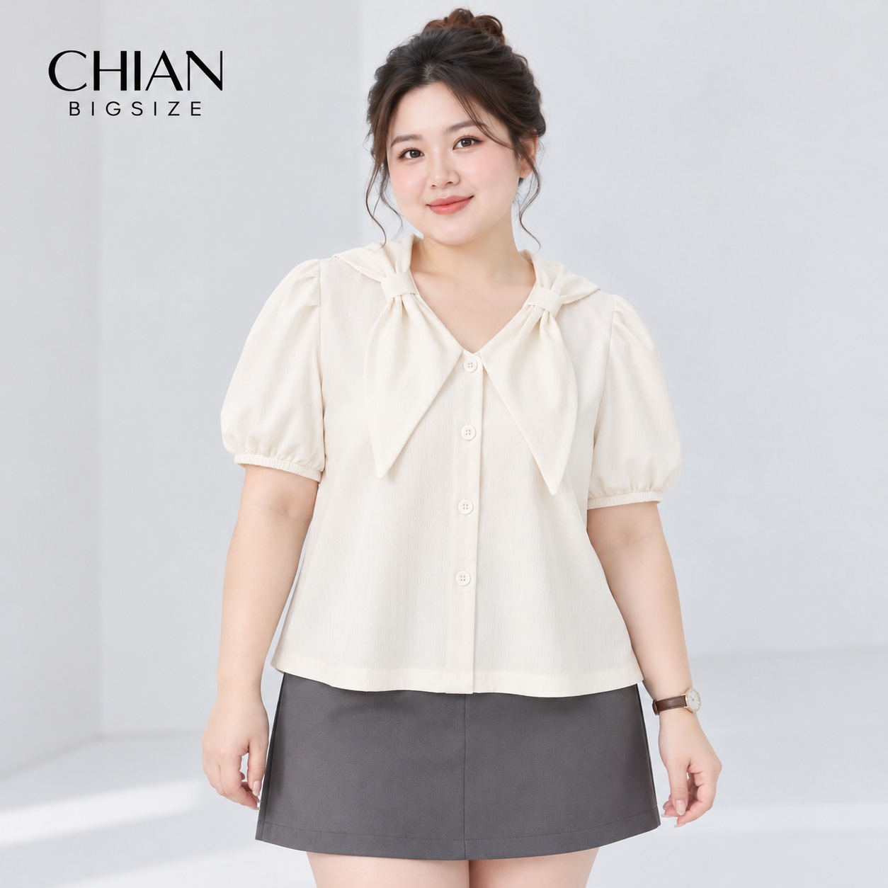 Áo sơ mi bigsize 60kg - 95kg kiểu nơ cổ dây lưng phù hợp mặc đi chơi du lịch