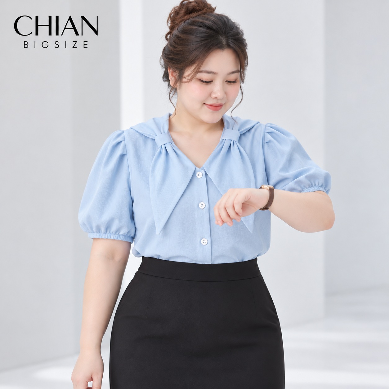 Áo sơ mi bigsize 60kg - 95kg kiểu nơ cổ dây lưng phù hợp mặc đi chơi du lịch