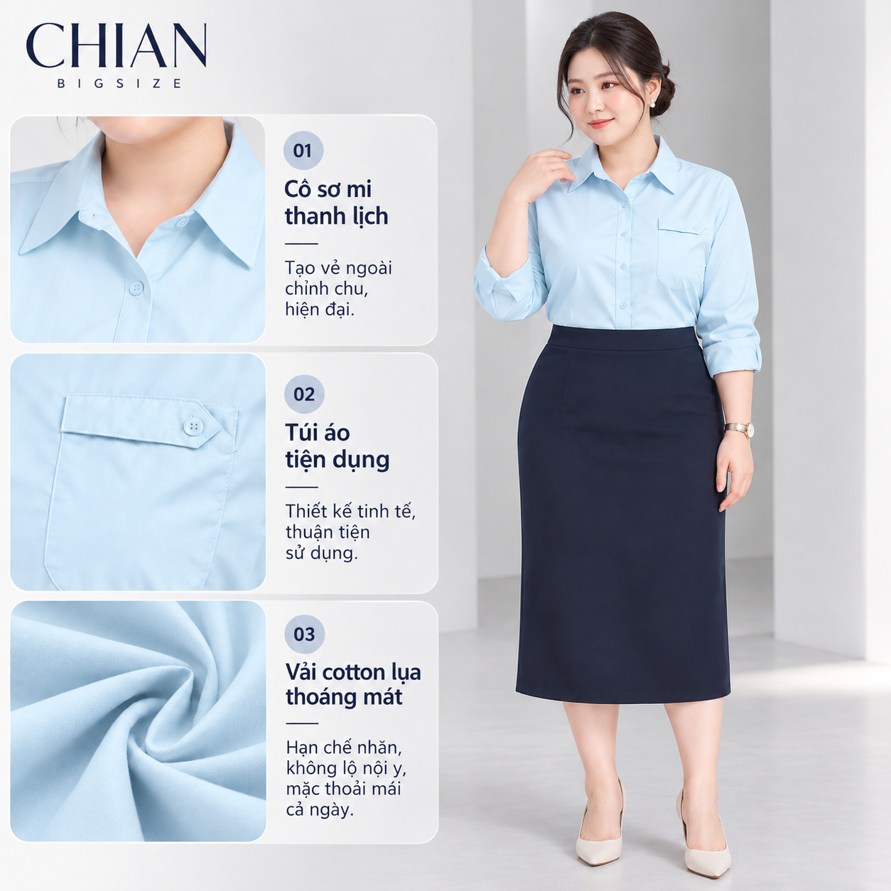 Áo sơ mi bigsize 60kg-100kg thêu chữ phom dáng basic năng động, phong cách
