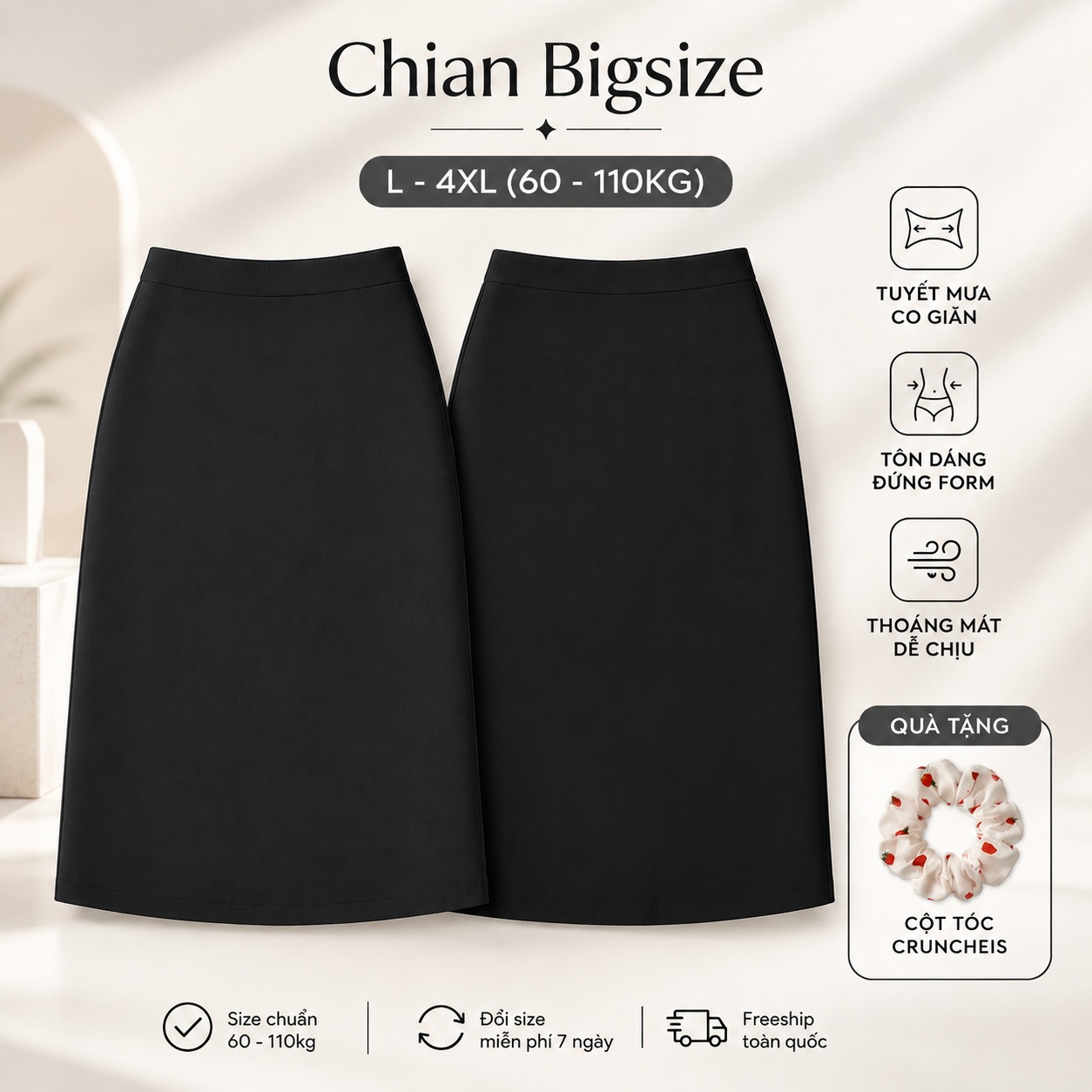 Combo 2 chân váy bút chì công sở bigsize 60kg - 100kg mặc đi làm, đi học đen