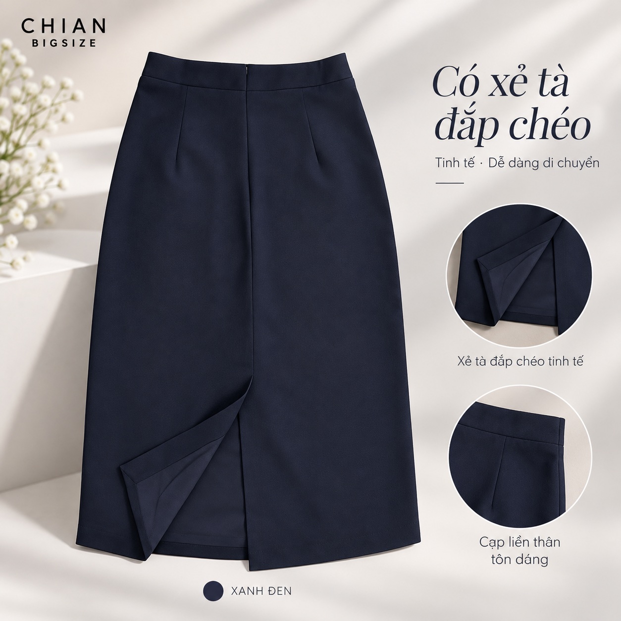 Combo chân váy bút chì công sở bigsize 60kg - 100kg mặc đi làm, đi học đen - xanh đen