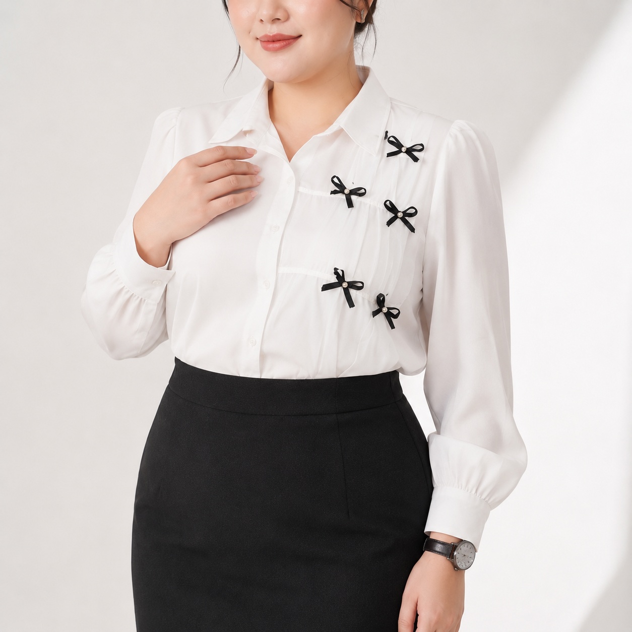 Áo sơ mi bigsize 60kg - 95kg phối lưới đính nơ mặc đi làm đi học