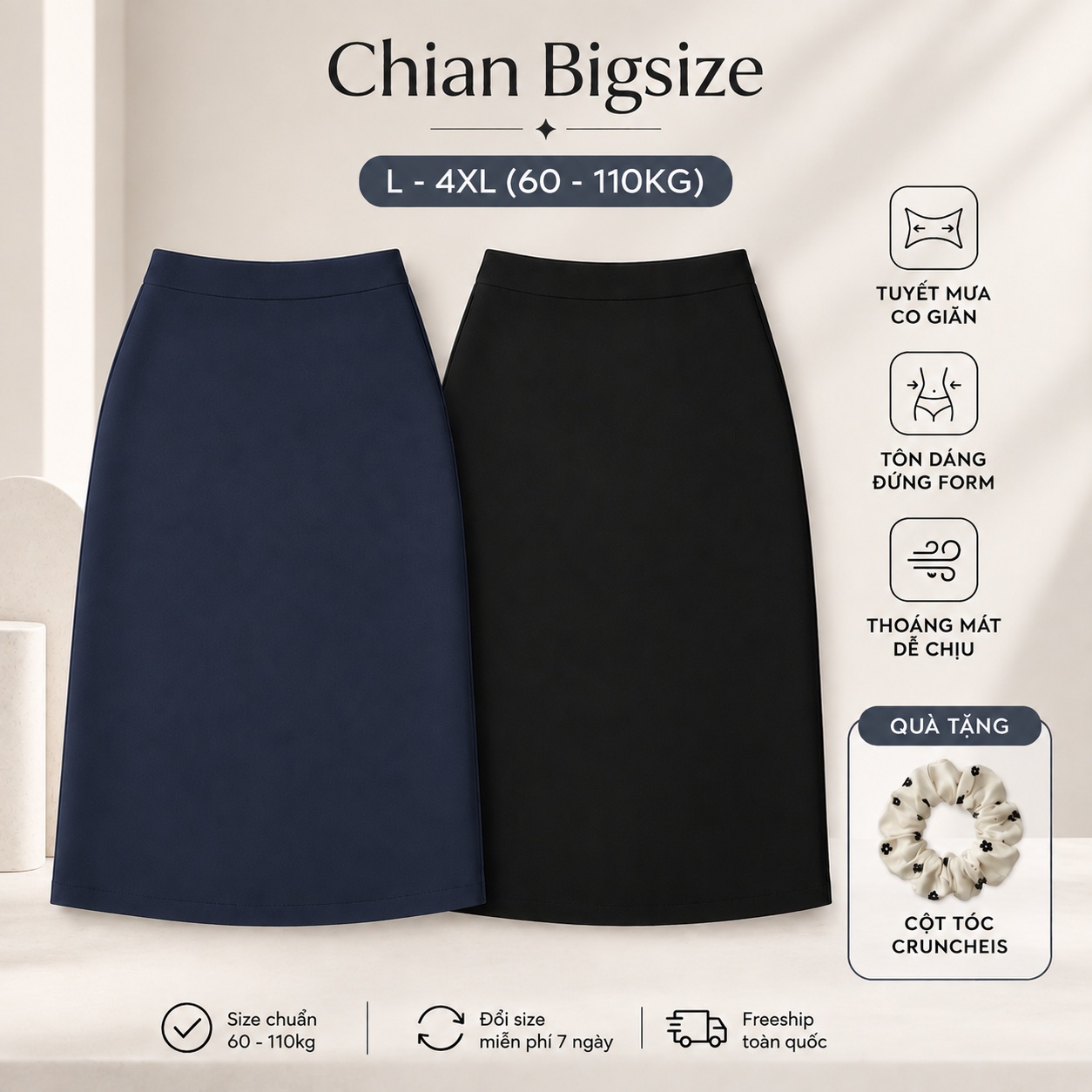 Combo chân váy bút chì công sở bigsize 60kg - 100kg mặc đi làm, đi học đen - xanh đen
