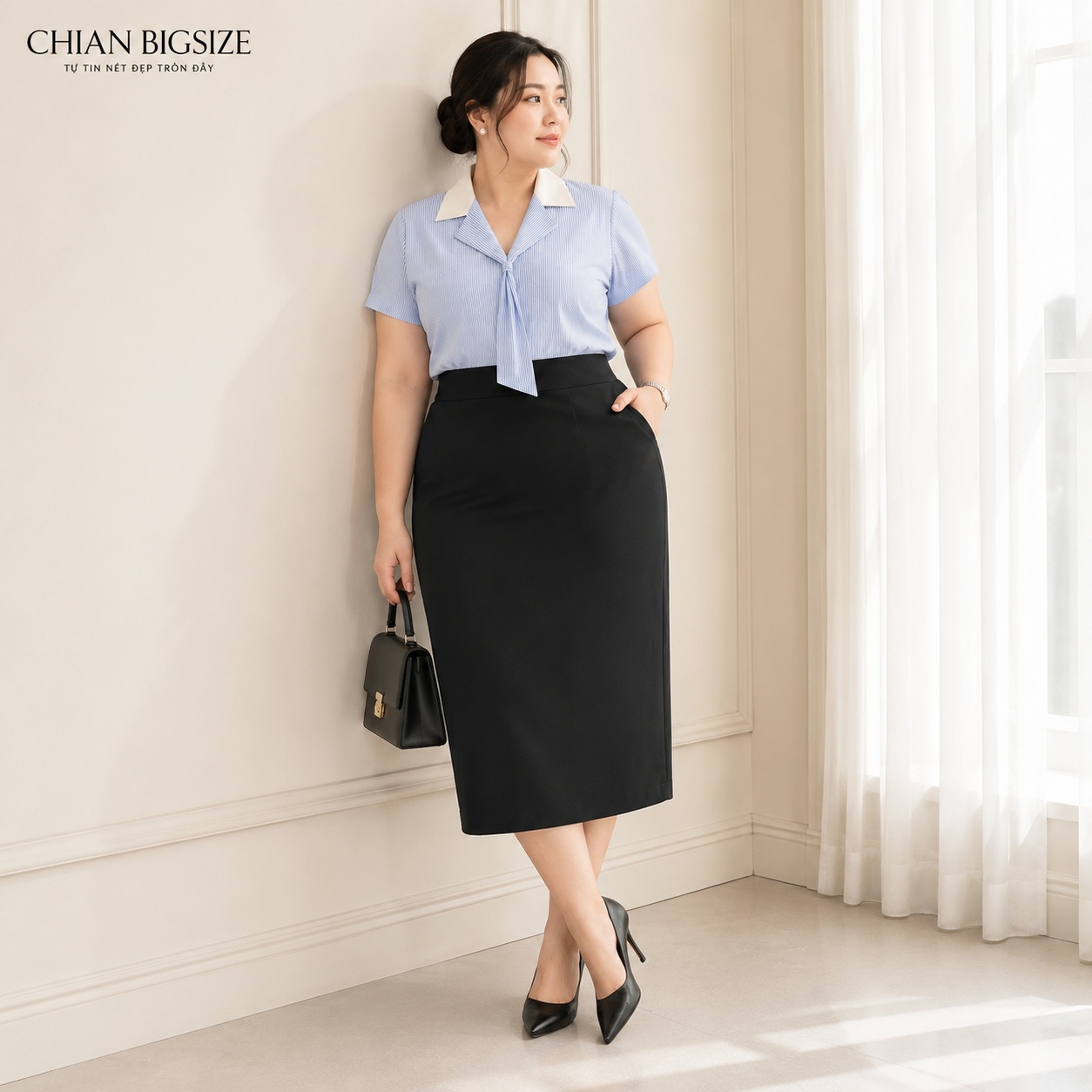 Combo chân váy bút chì công sở bigsize 60kg - 100kg mặc đi làm, đi học đen - xanh đen