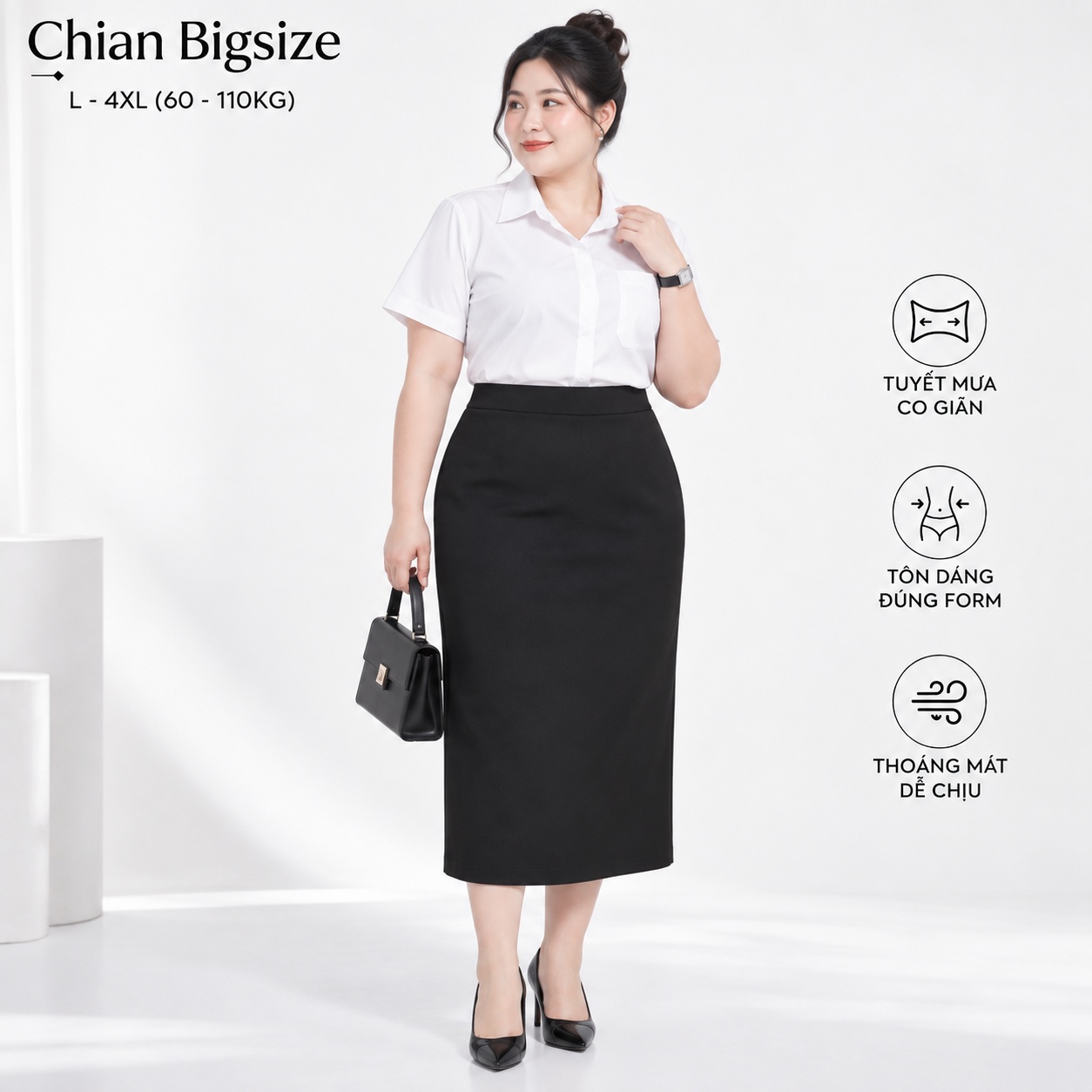 Combo 2 chân váy bút chì công sở bigsize 60kg - 100kg mặc đi làm, đi học đen