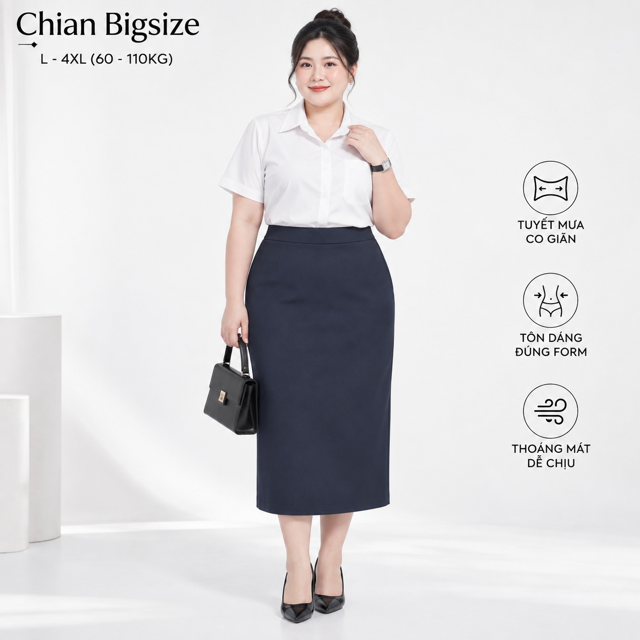 Combo chân váy bút chì công sở bigsize 60kg - 100kg mặc đi làm, đi học đen - xanh đen