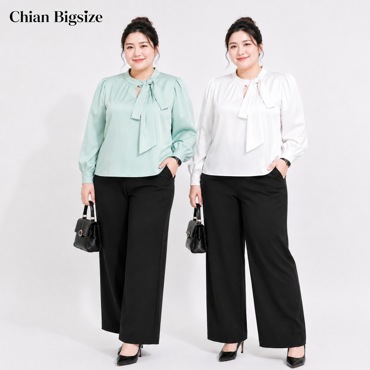 Áo sơ mi bigsize 60kg-95kg nơ cổ đính ngọc trai sang trọng phù hợp mặc đi làm, đi tiệc