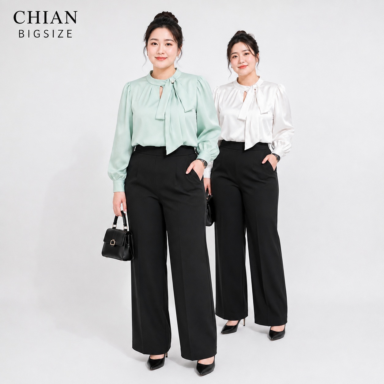 Áo sơ mi bigsize 60kg-95kg nơ cổ đính ngọc trai sang trọng phù hợp mặc đi làm, đi tiệc