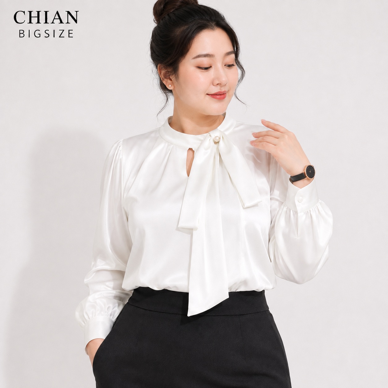 Áo sơ mi bigsize 60kg-95kg nơ cổ đính ngọc trai sang trọng phù hợp mặc đi làm, đi tiệc