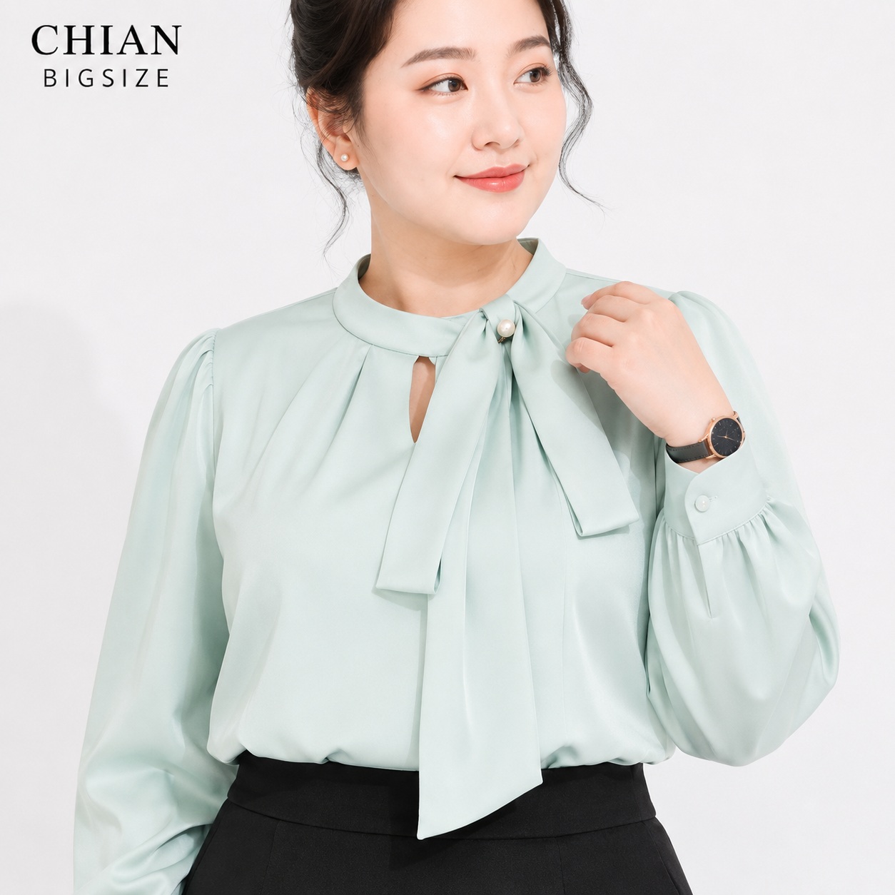 Áo sơ mi bigsize 60kg-95kg nơ cổ đính ngọc trai sang trọng phù hợp mặc đi làm, đi tiệc