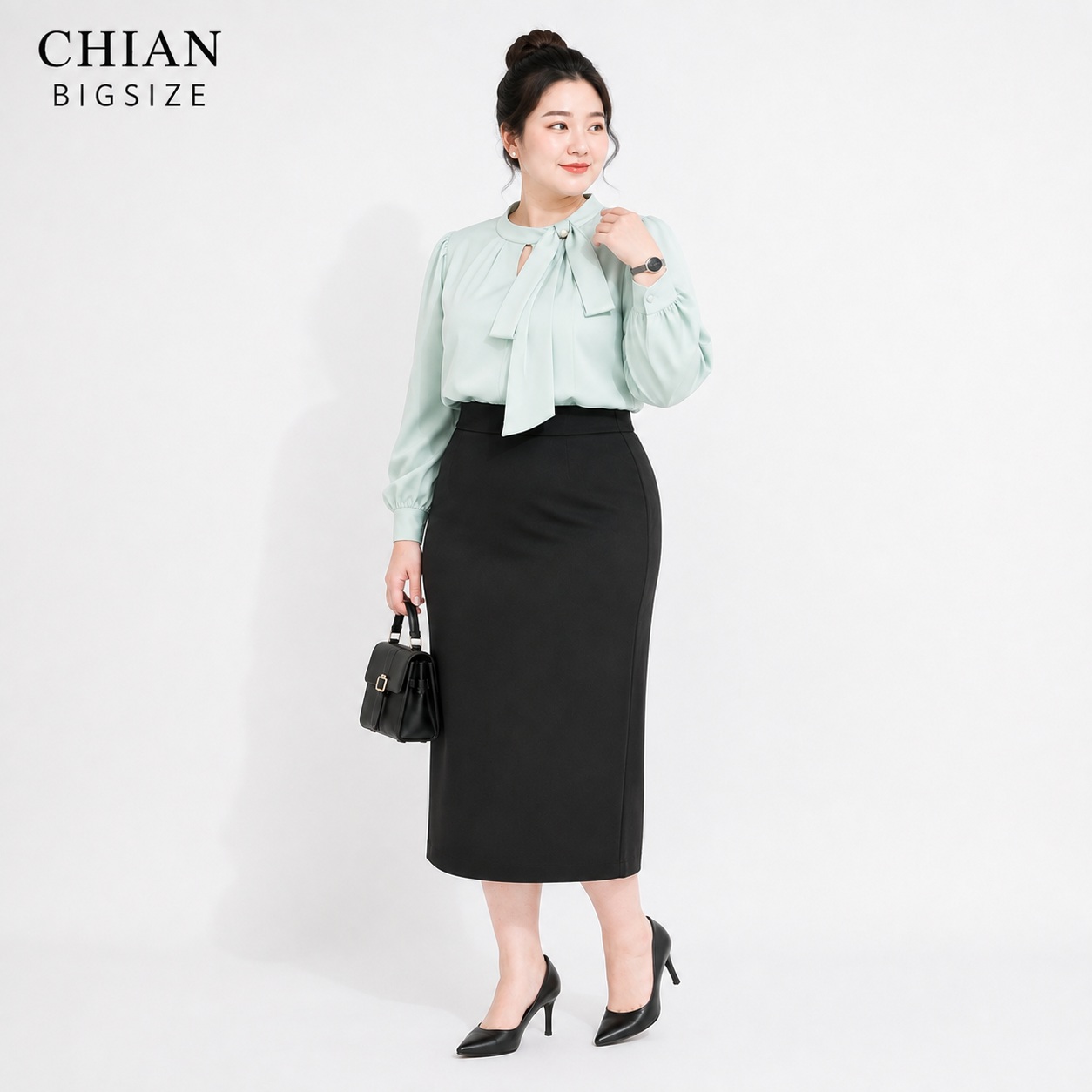 Áo sơ mi bigsize 60kg-95kg nơ cổ đính ngọc trai sang trọng phù hợp mặc đi làm, đi tiệc