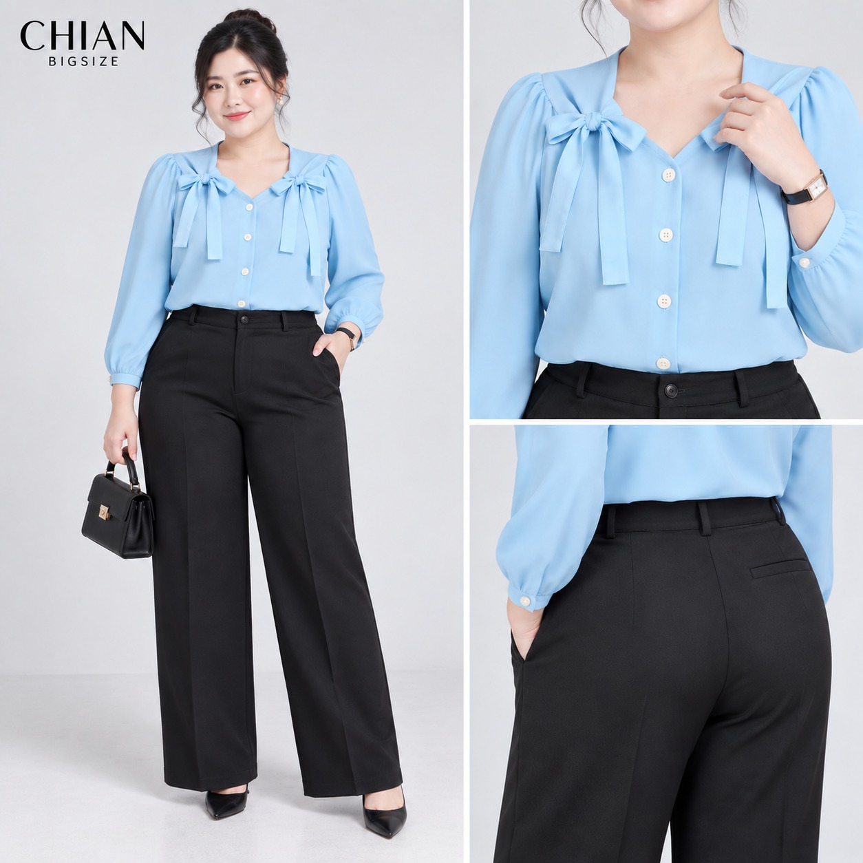 Áo sơ mi cột nơ vai bigsize 55Kg - 95kg áo sơ mi bigsize công sở áo sơ mi dễ thương