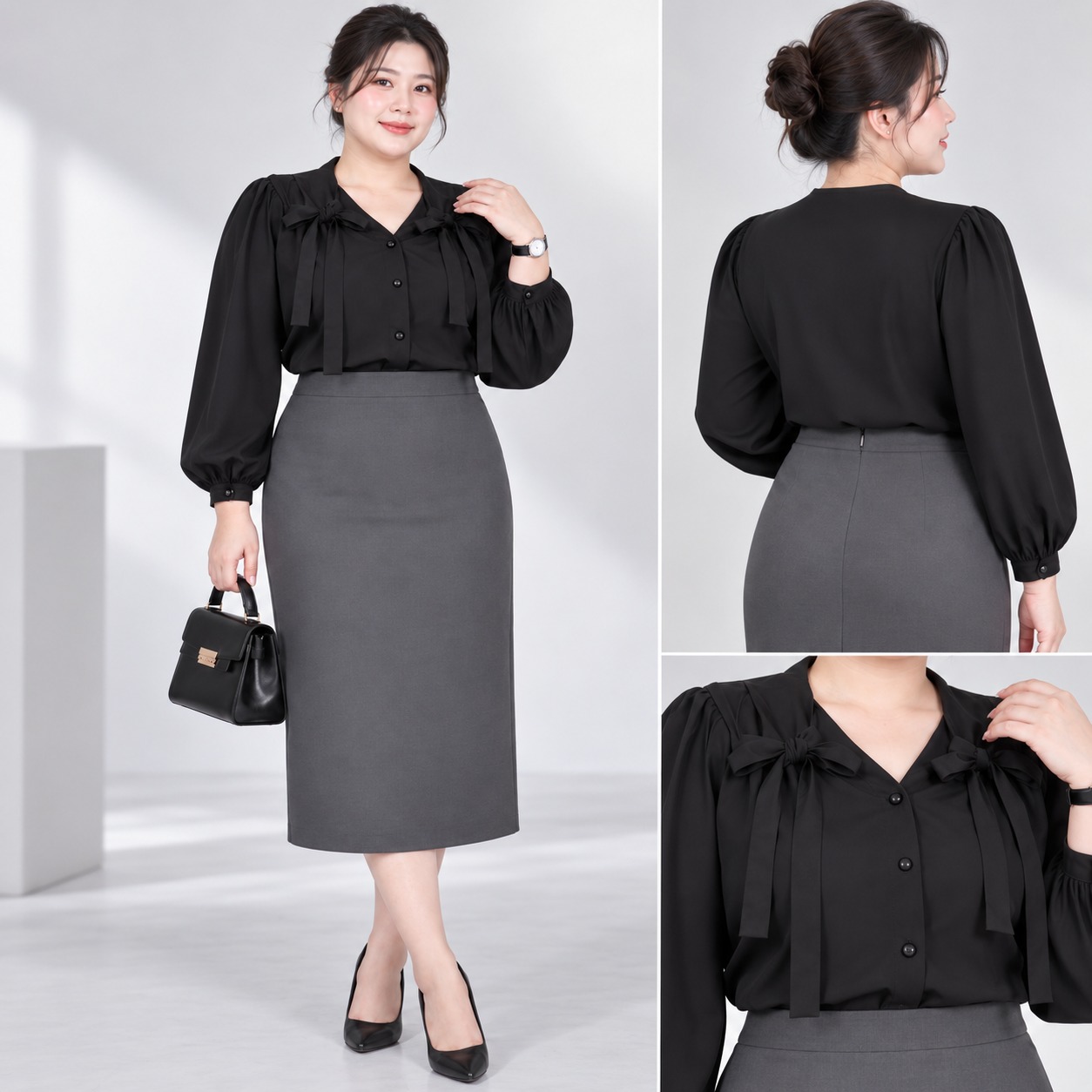 Áo sơ mi cột nơ vai bigsize 55Kg - 95kg áo sơ mi bigsize công sở áo sơ mi dễ thương