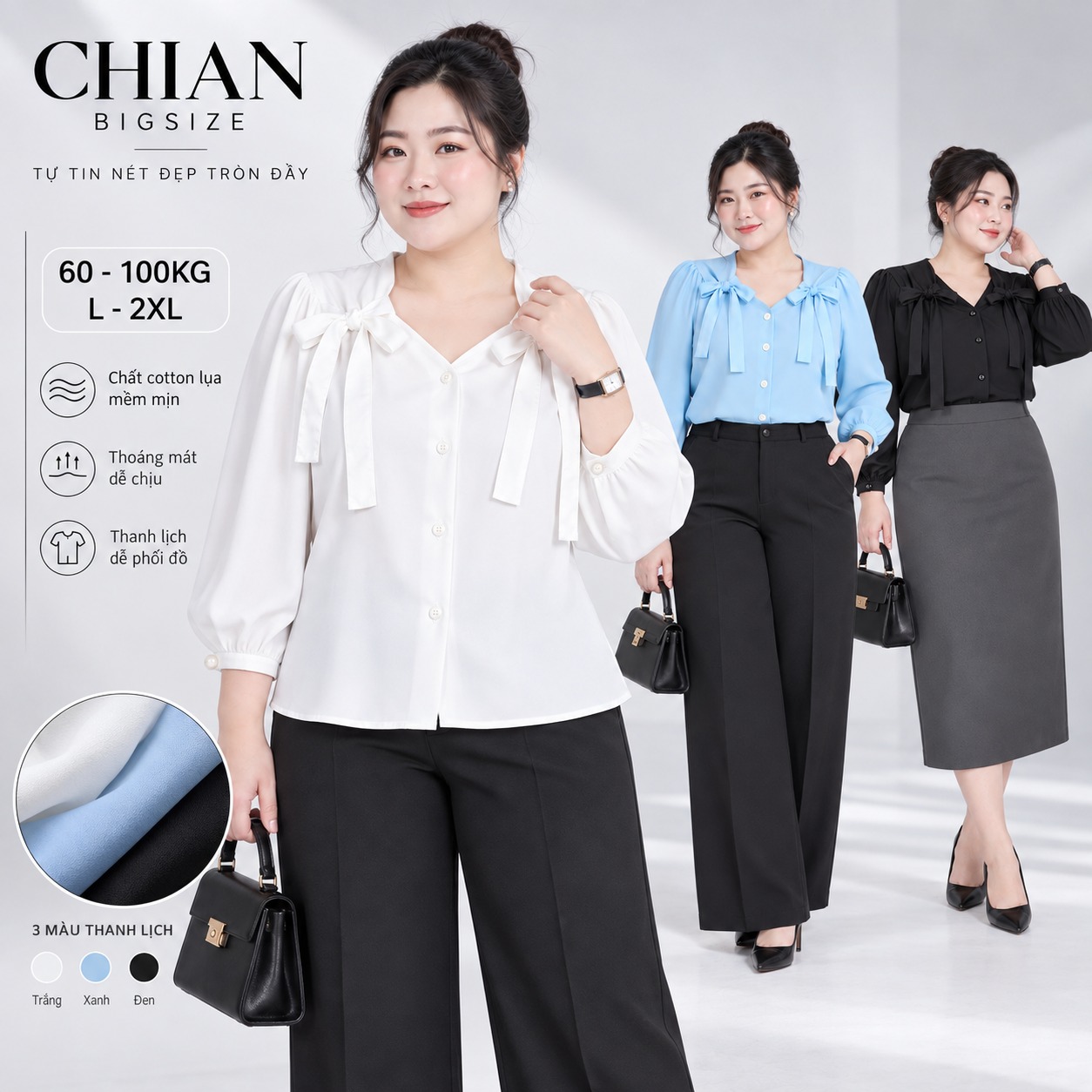 Áo sơ mi cột nơ vai bigsize 55Kg - 95kg áo sơ mi bigsize công sở áo sơ mi dễ thương