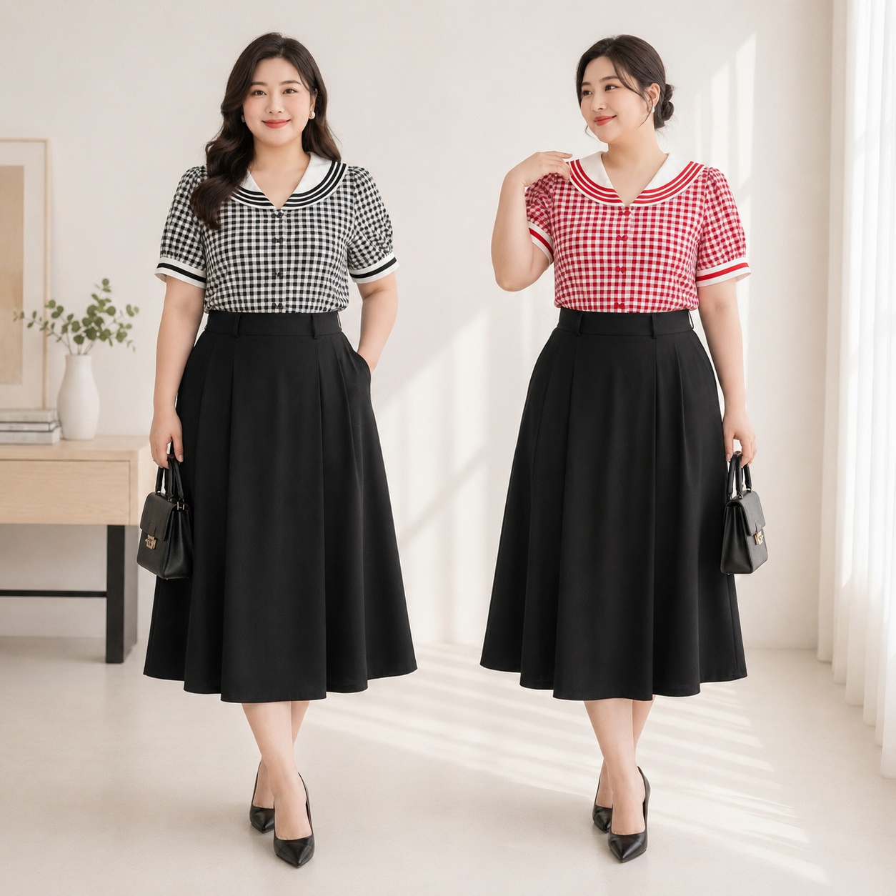 Áo sơ mi caro cổ thủy thủ nữ bigsize 60kg - 95kg phong cách Hàn Quốc thời trang