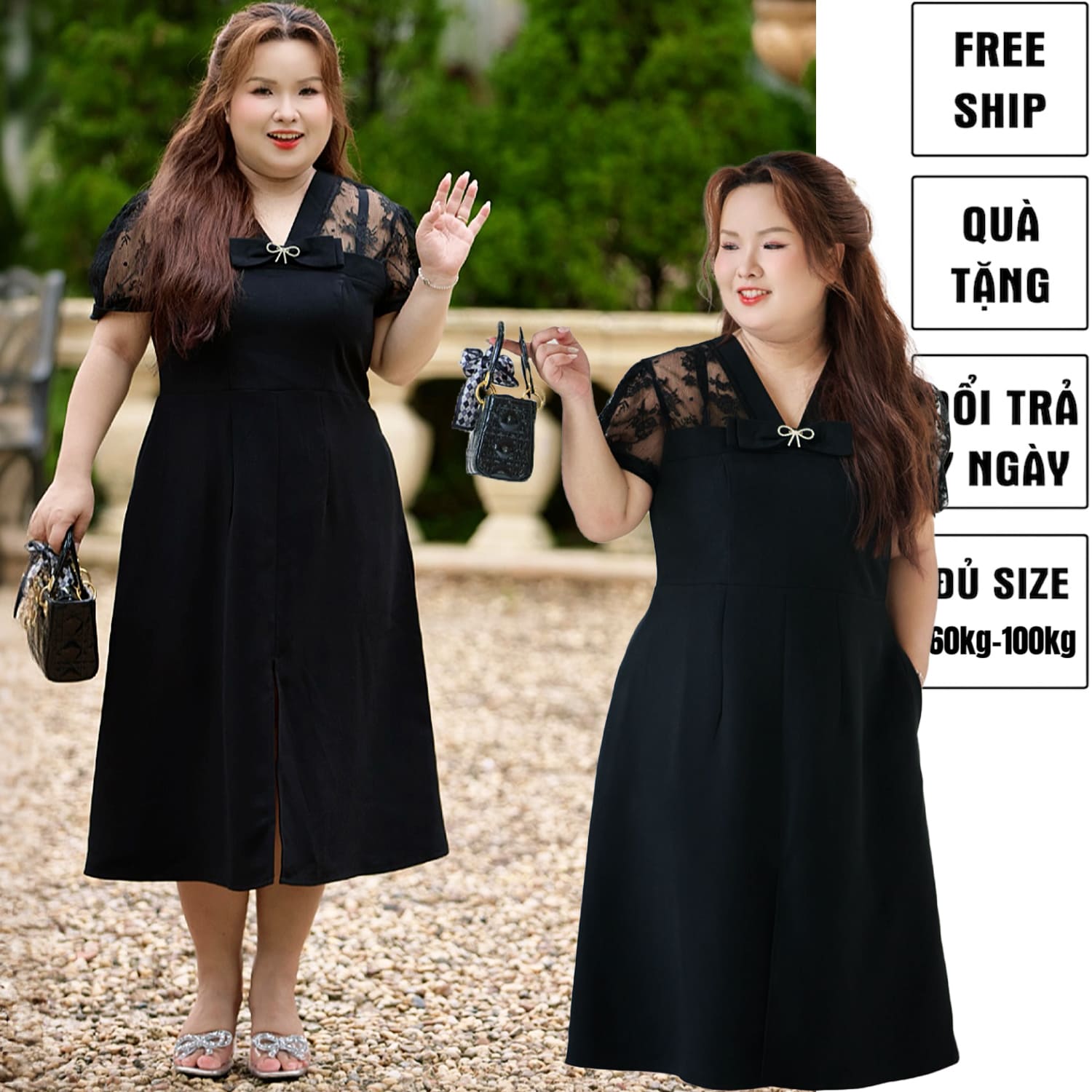 CA030016 Đầm nữ bigsize 60kg - 100kg chất liệu tuyết mưa phối ren đính tag đá co giãn nhẹ có túi phù hợp mặc đi làm, đi học , đi chơi